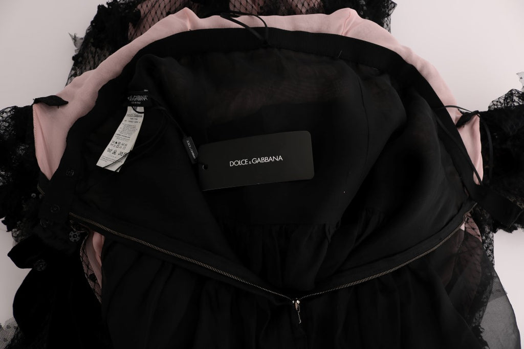 Dolce & Gabbana Schwarz-pinkes Seidenapplikations-Shiftkleid