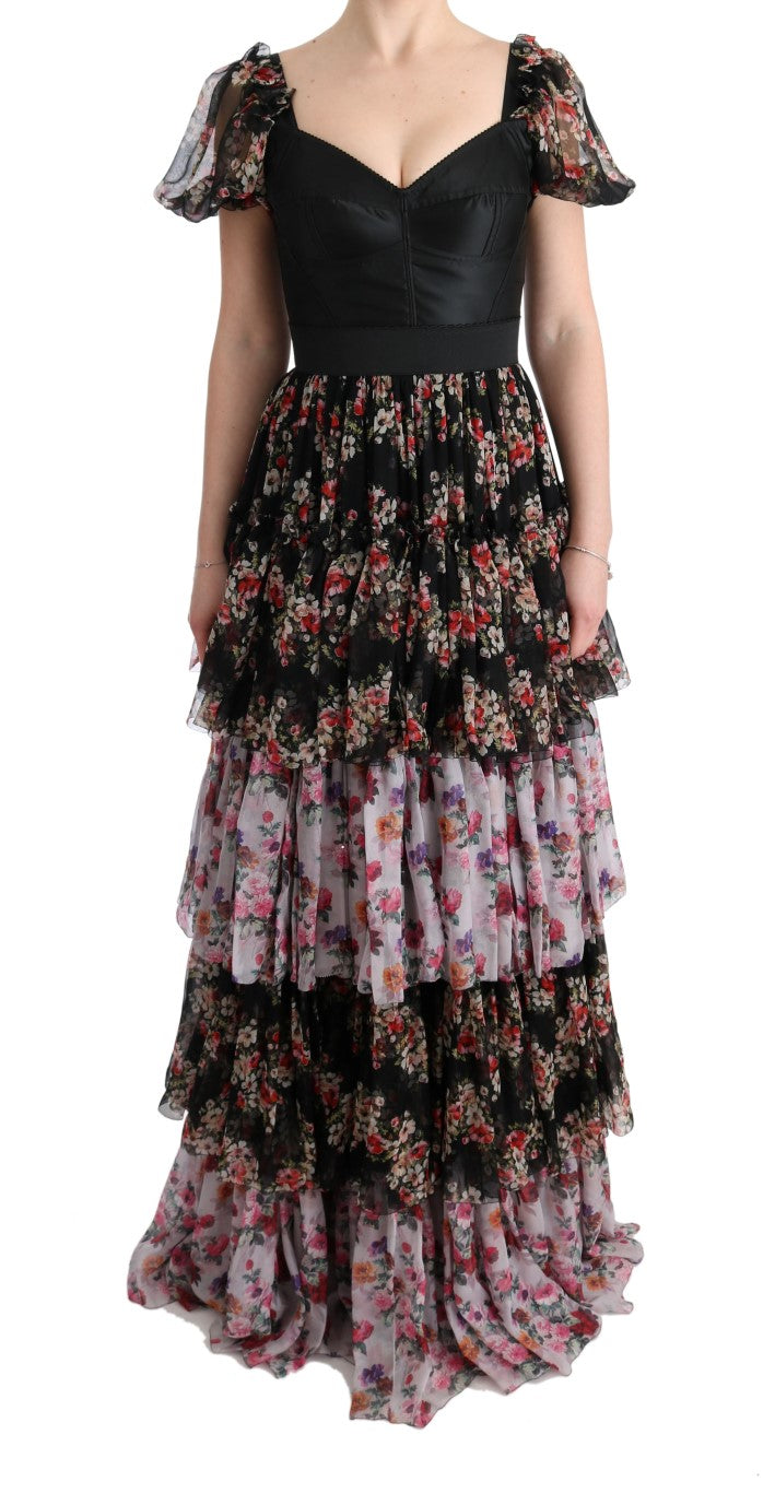 Dolce & Gabbana Multicolor Seiden Stretch Floral Shift Langes Kleid
