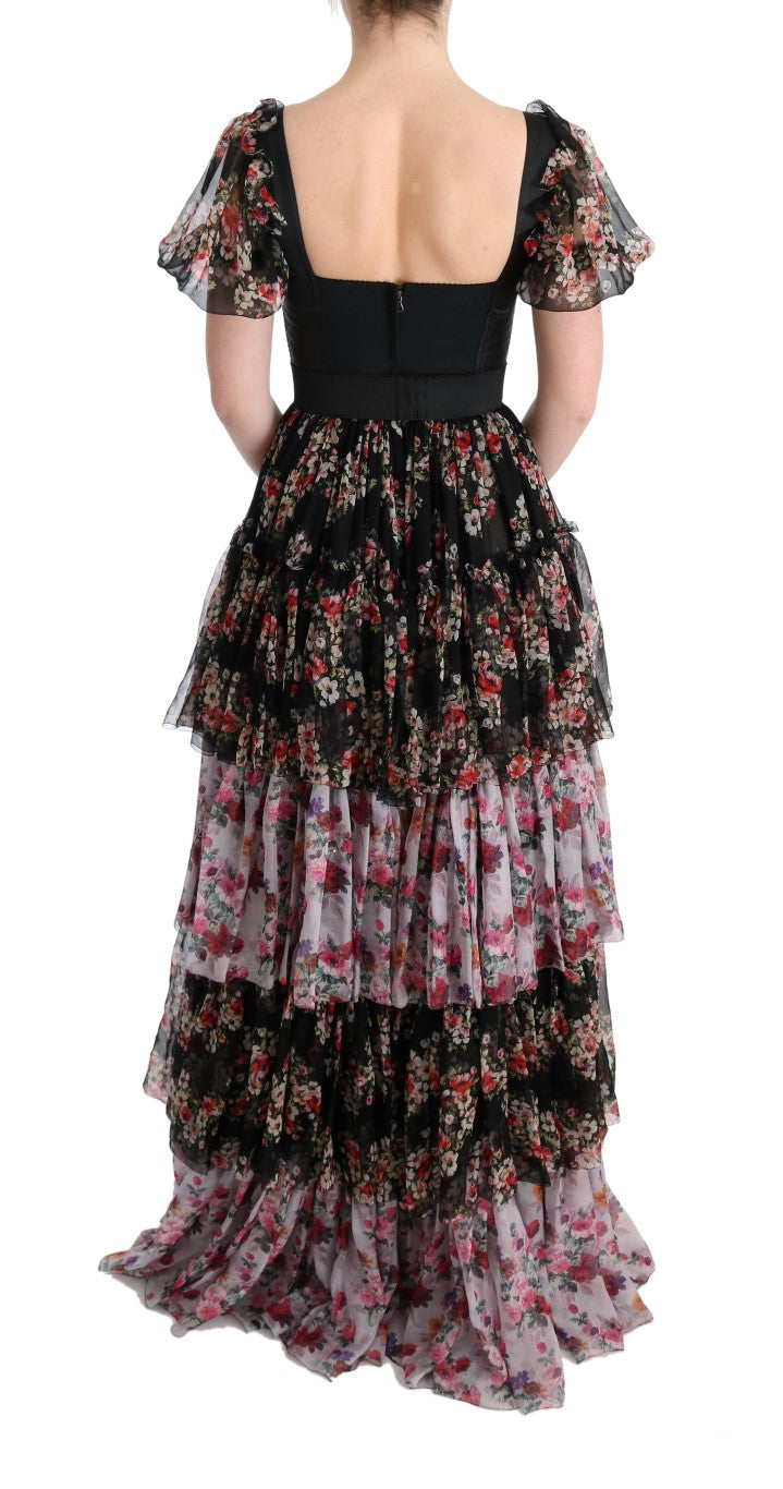 Dolce & Gabbana Multicolor Seiden Stretch Floral Shift Langes Kleid