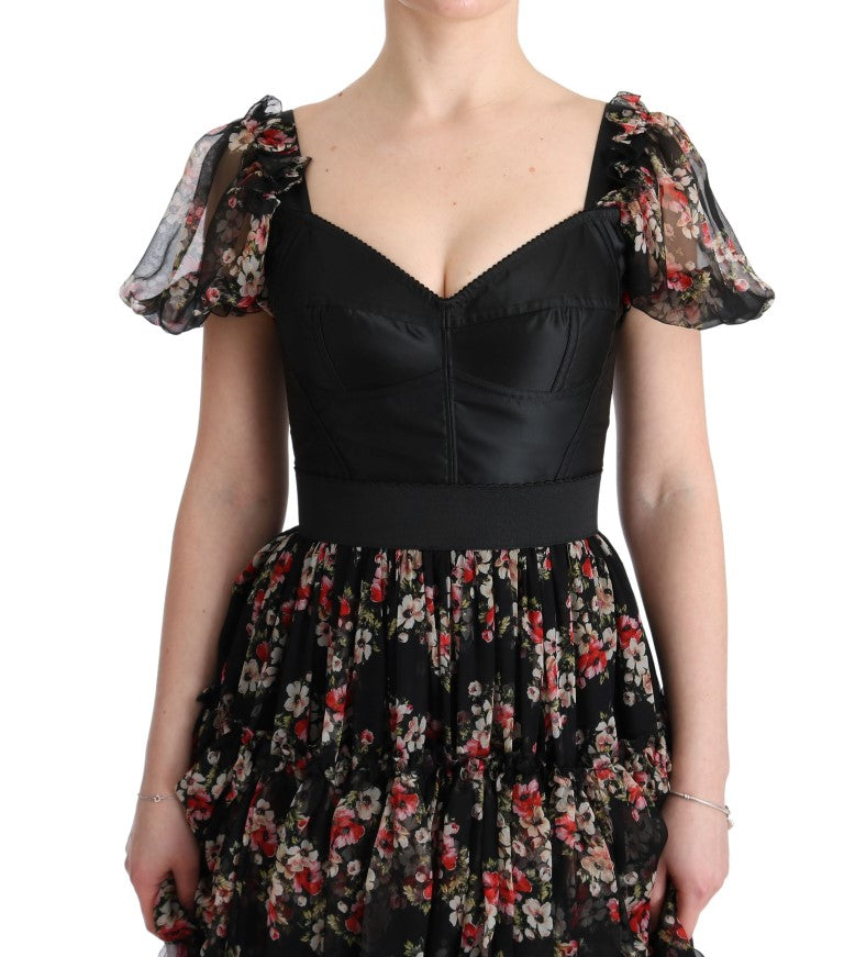Dolce & Gabbana Multicolor Seiden Stretch Floral Shift Langes Kleid