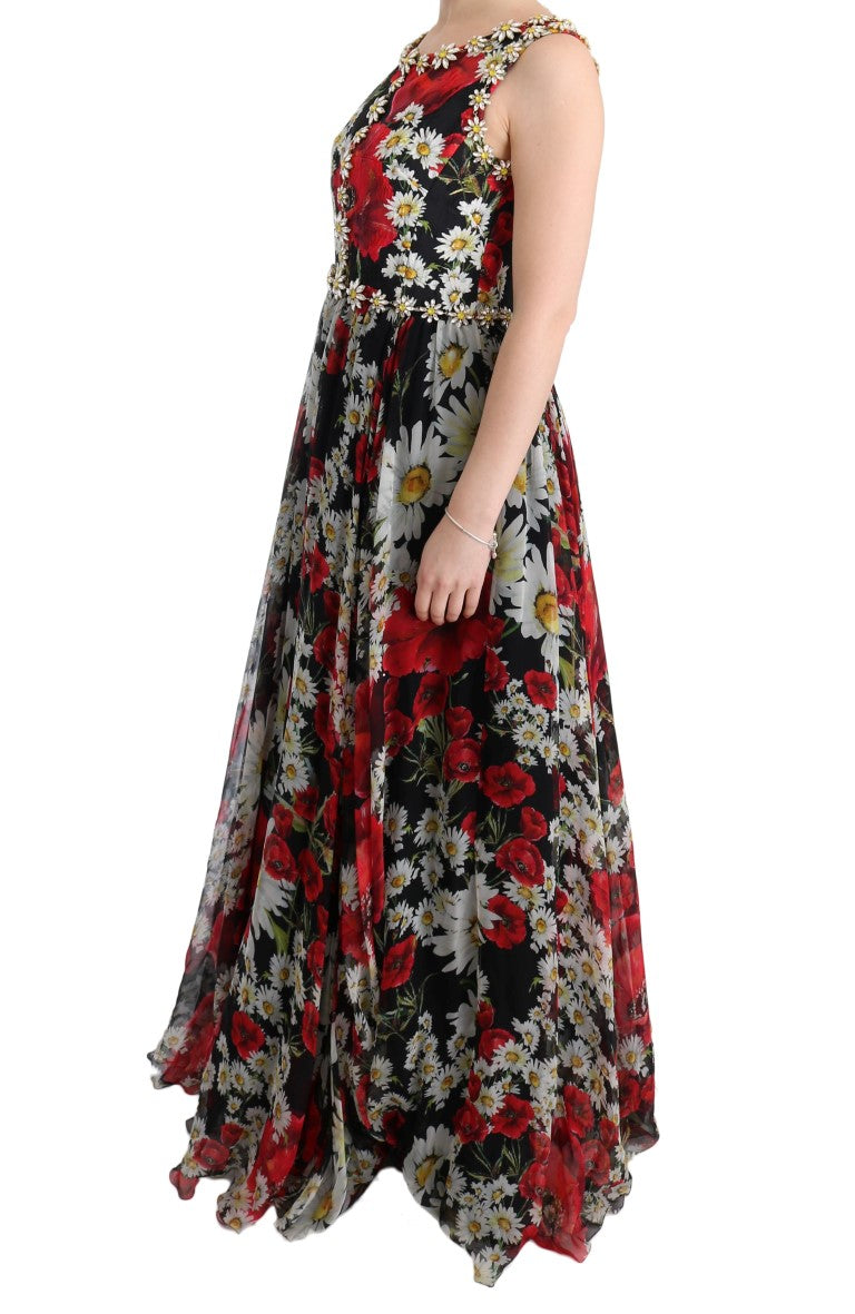 Dolce & Gabbana Langes Maxikleid aus geblümter Seide mit Kristall