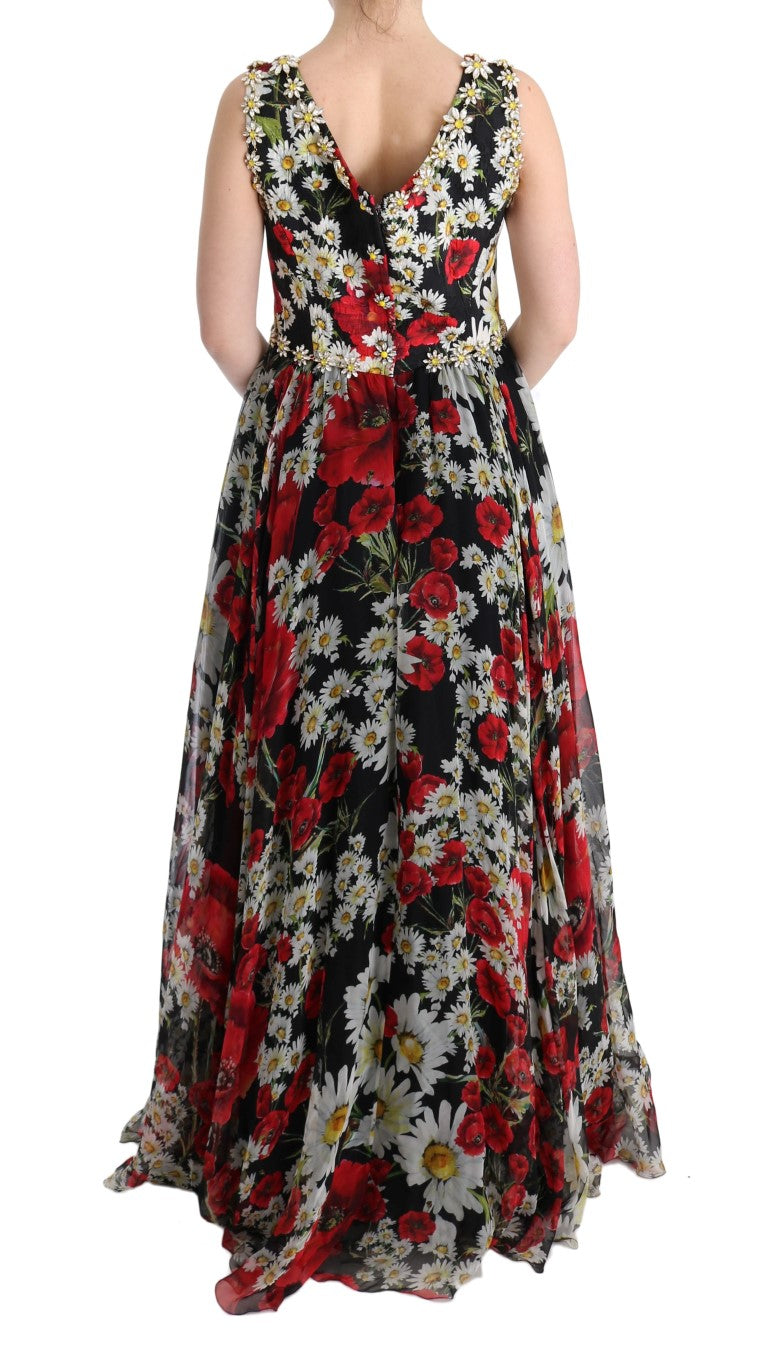 Dolce & Gabbana Langes Maxikleid aus geblümter Seide mit Kristall
