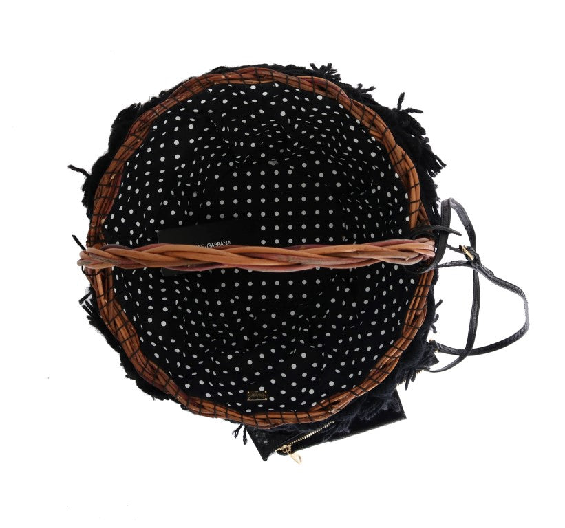 Dolce & Gabbana Beige Straw Snakeskin Pom Pom Crystal AGNESE Bag