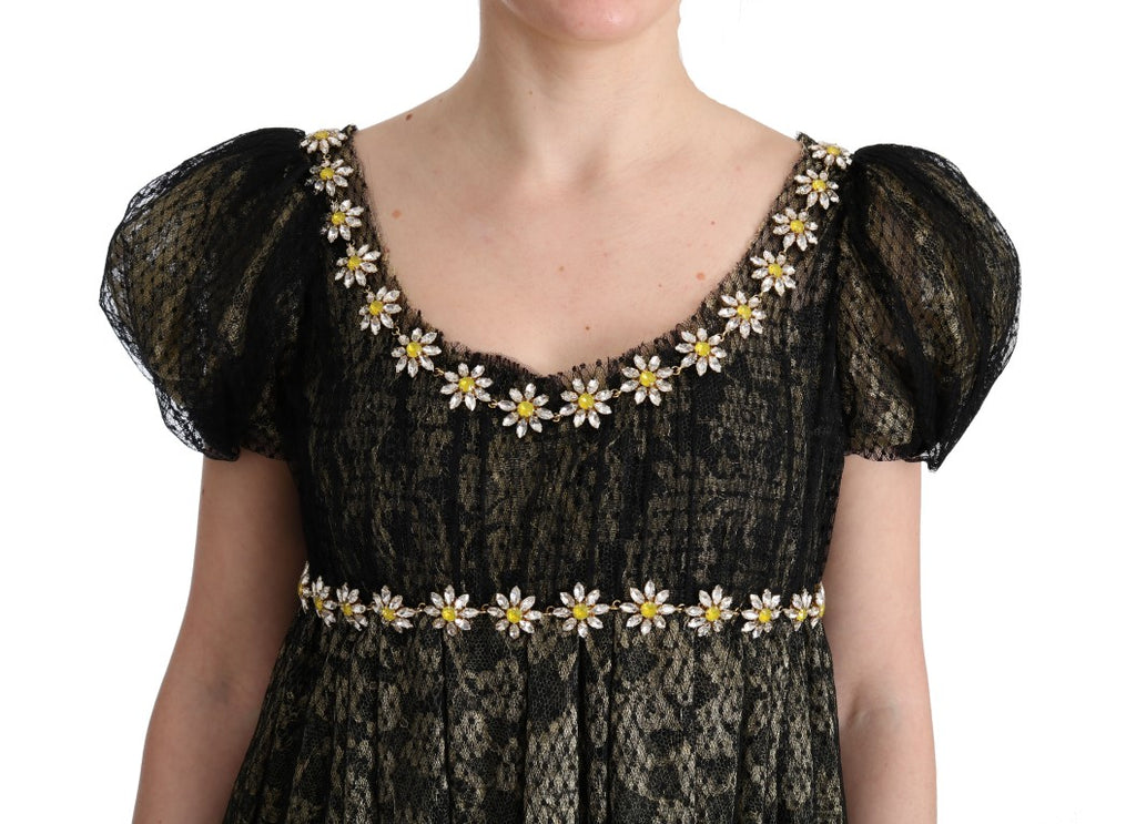 Dolce & Gabbana Black and Yellow Crystal Lace Shift Dress