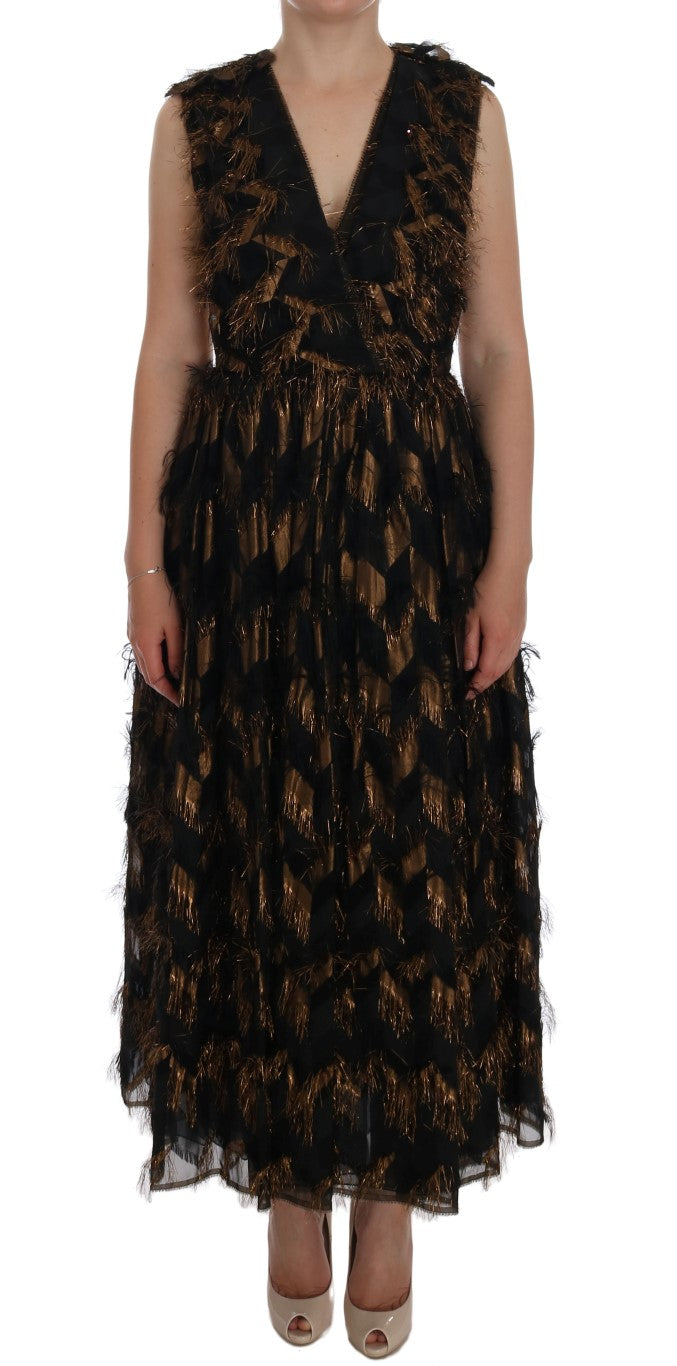 Dolce & Gabbana Schwarzes Seidenkleid mit braunen Fransen in A-Linie