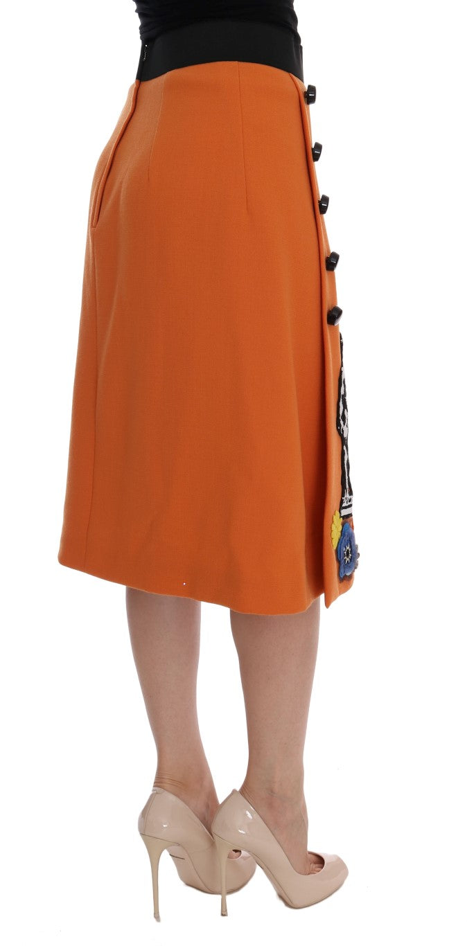 Dolce & Gabbana Orangefarbener Wollrock mit Kristall-Pailletten-Applikationen