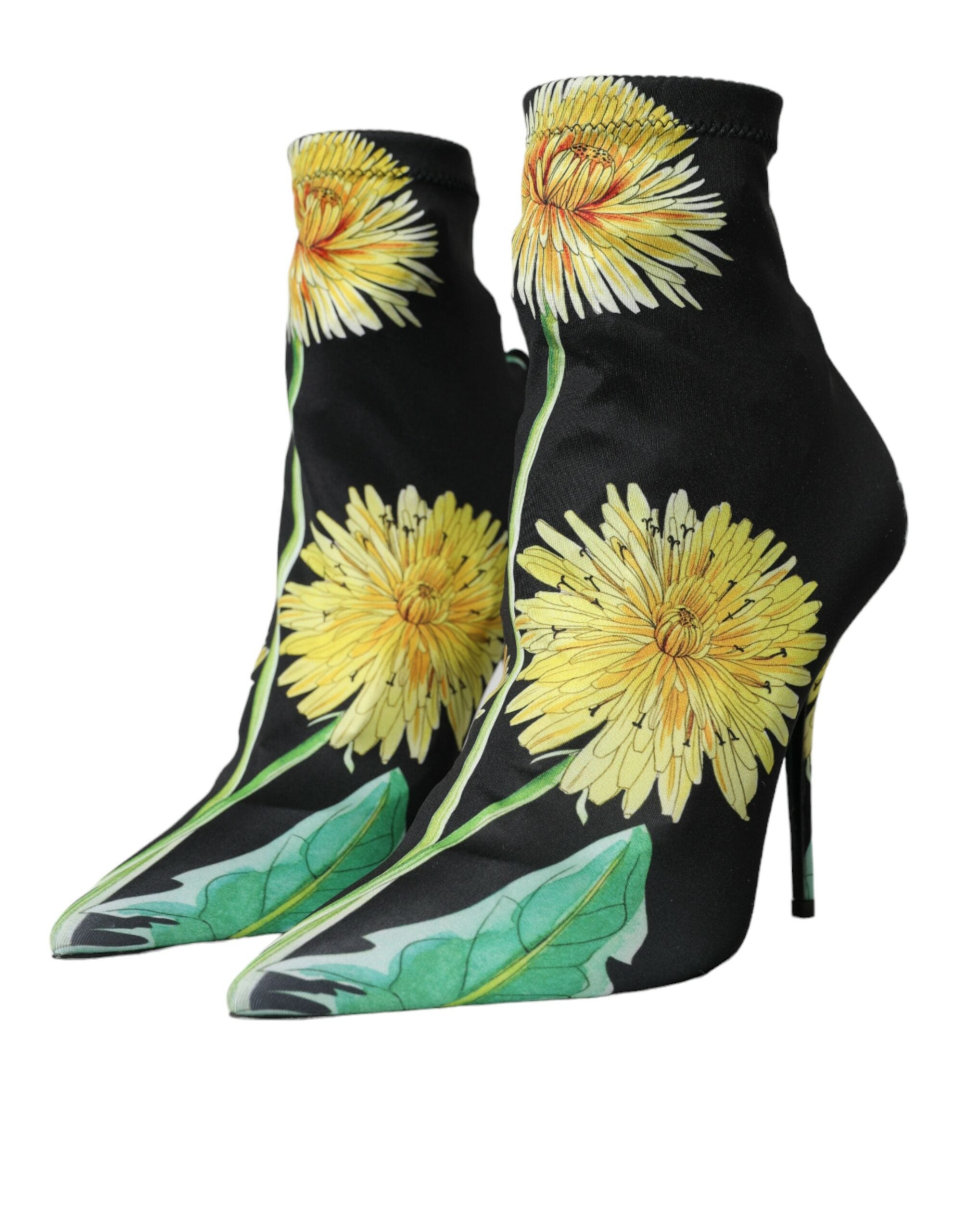 Dolce & Gabbana Black Floral Jersey Stretch Boots Shoes