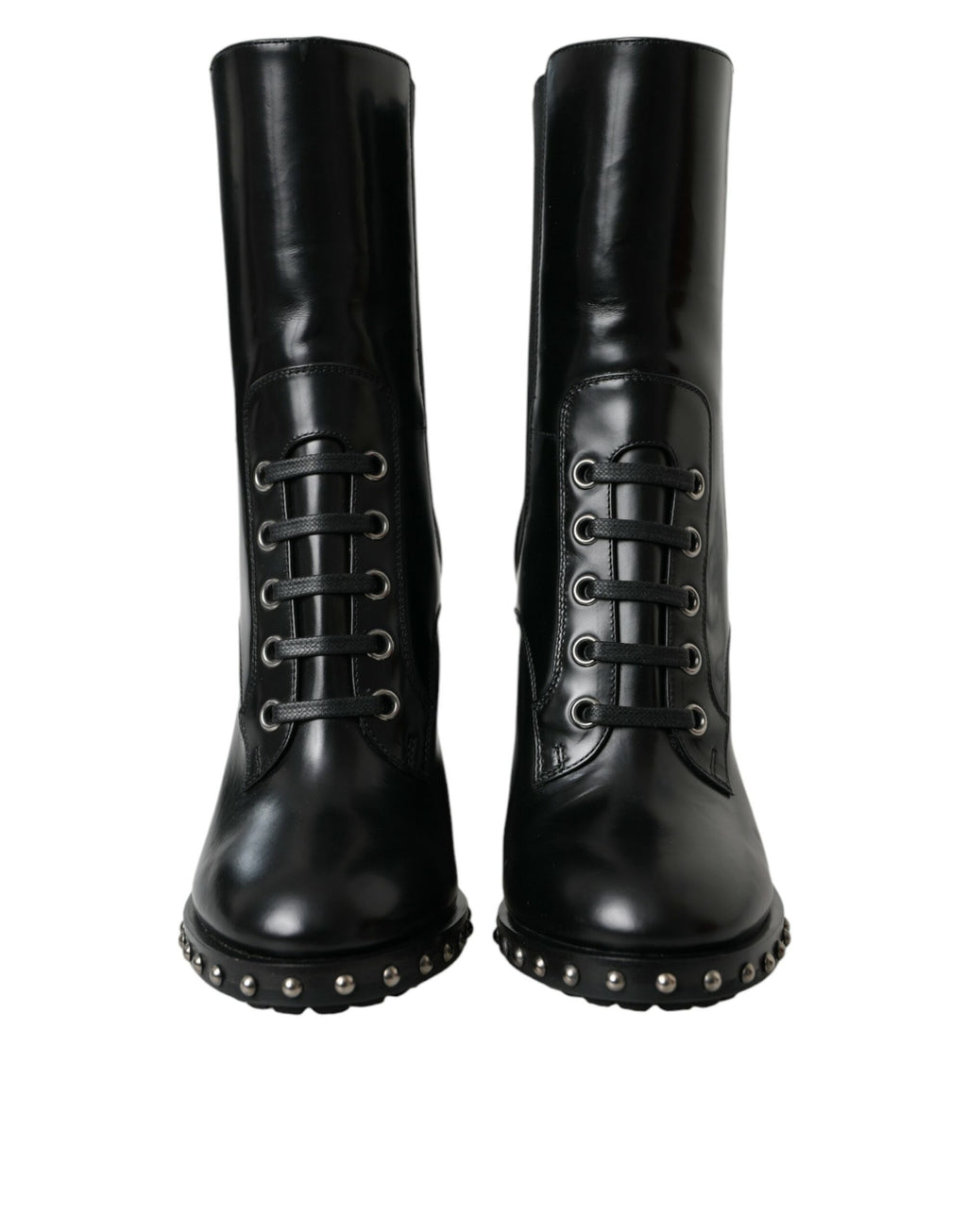 Dolce & Gabbana Black Leather Studded Lace-Up Boots Shoes