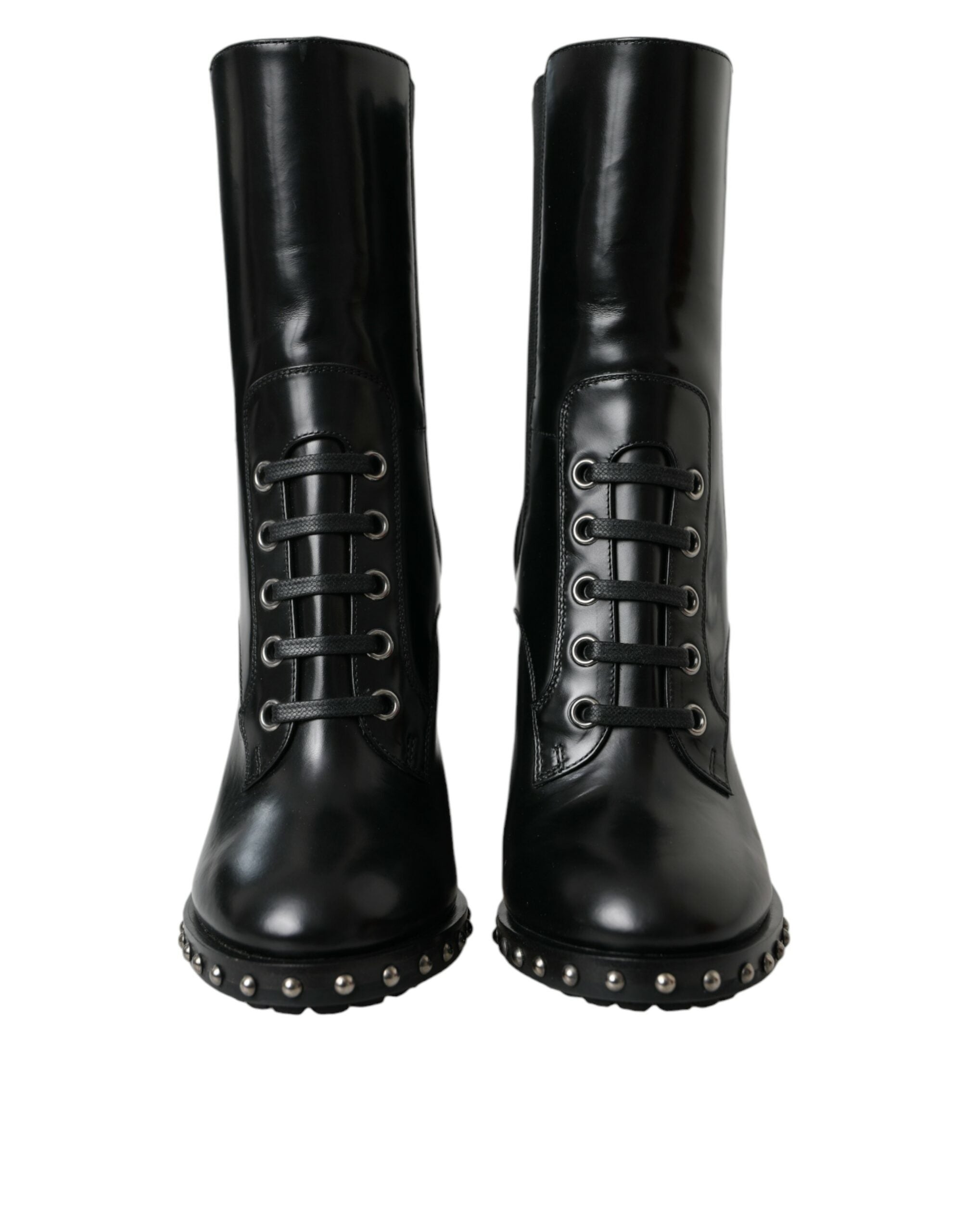Dolce & Gabbana Black Leather Studded Lace-Up Boots Shoes