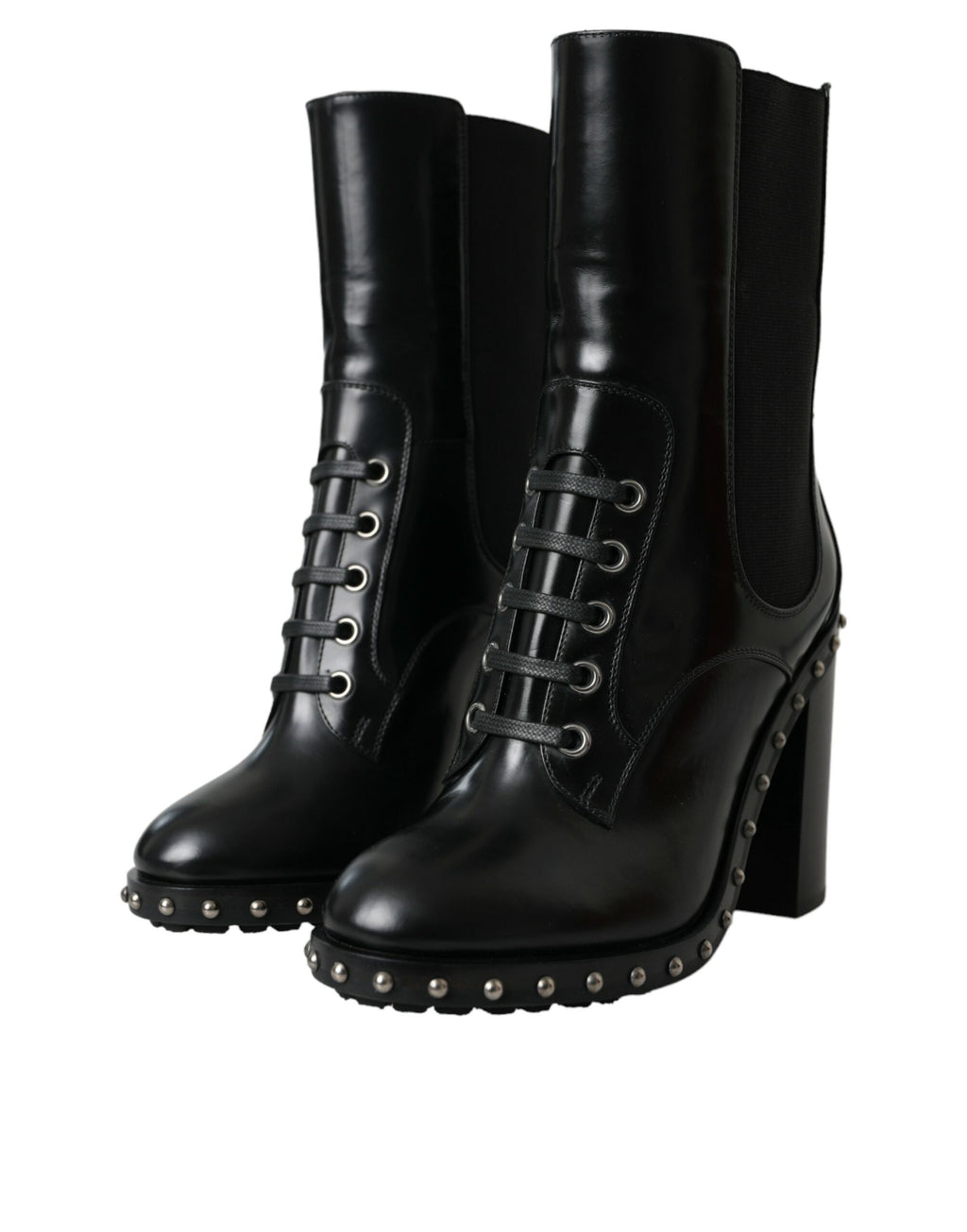 Dolce & Gabbana Black Leather Studded Lace-Up Boots Shoes
