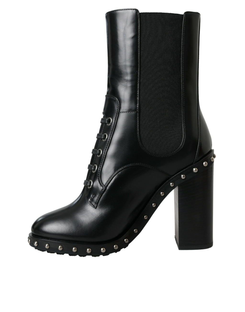Dolce & Gabbana Black Leather Studded Lace-Up Boots Shoes
