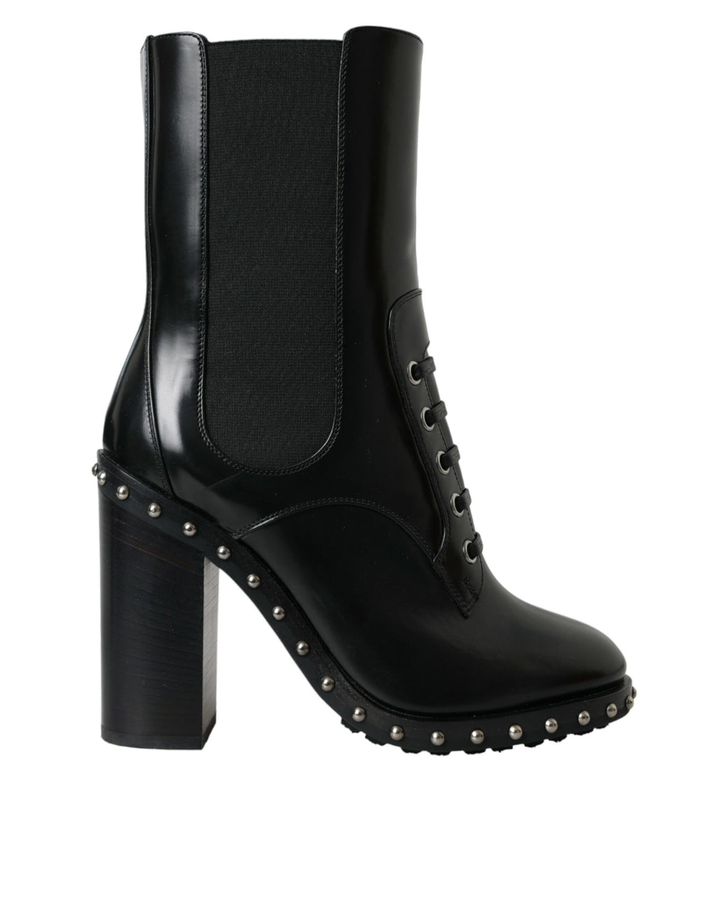 Dolce & Gabbana Black Leather Studded Lace-Up Boots Shoes