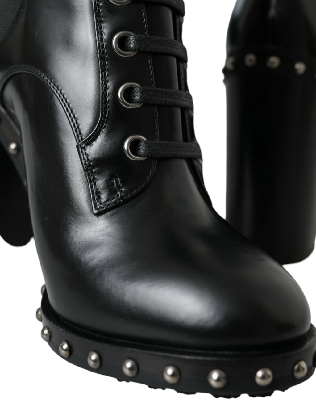 Dolce & Gabbana Black Leather Studded Lace-Up Boots Shoes