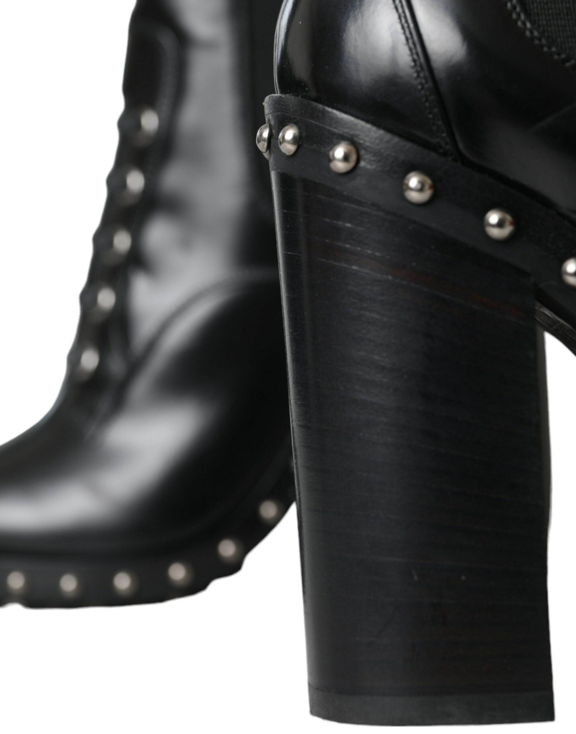 Dolce & Gabbana Black Leather Studded Lace-Up Boots Shoes