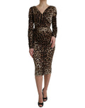 Dolce & Gabbana Brown Leopard Print V-Neck Bodycon Midi Dress