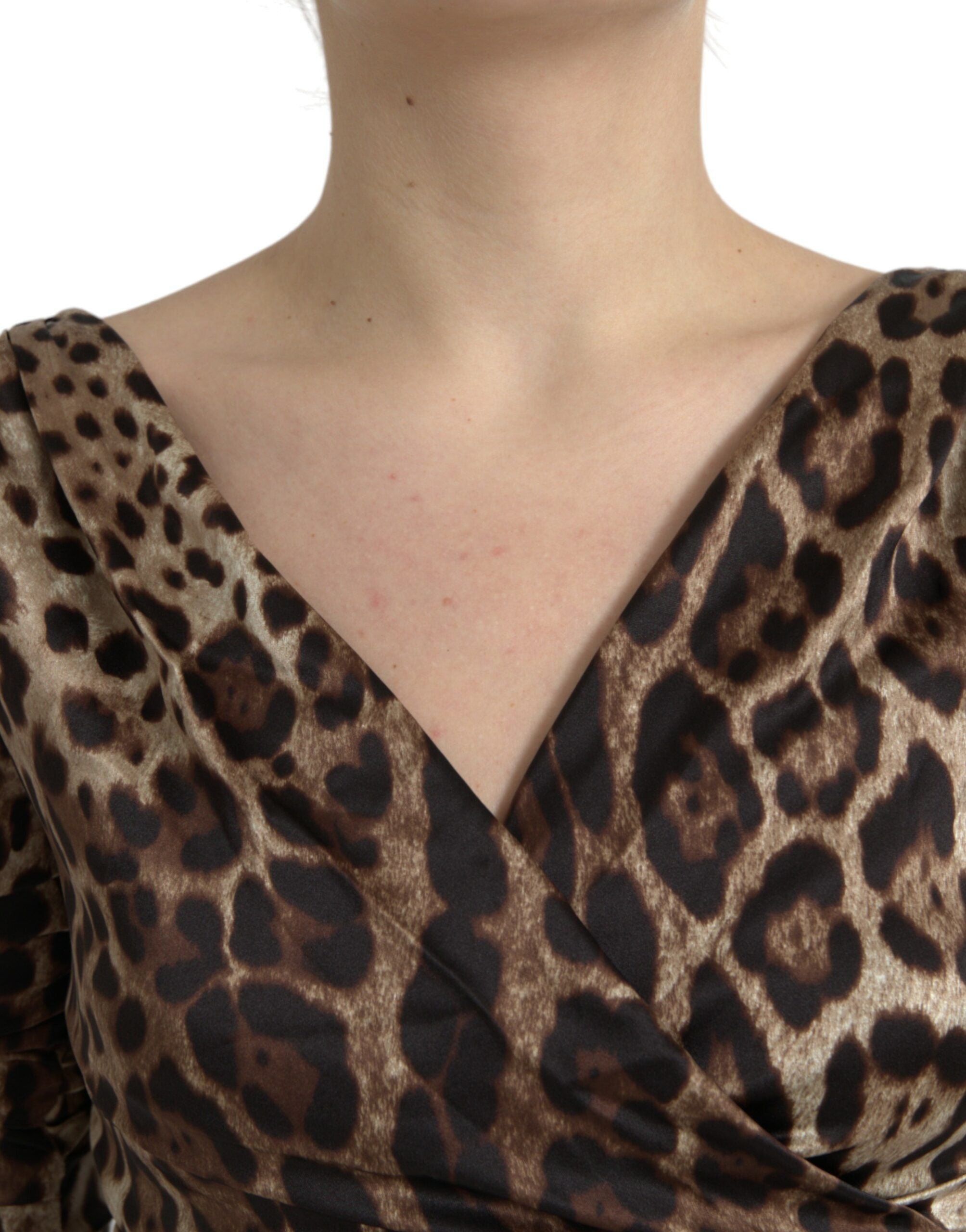 Dolce & Gabbana Brown Leopard Print V-Neck Bodycon Midi Dress