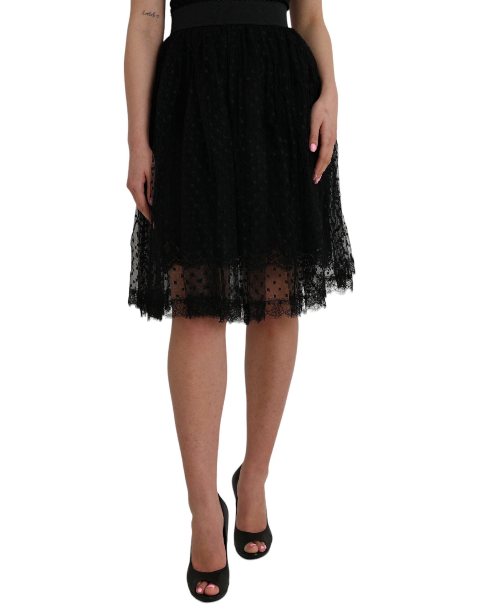 Dolce & Gabbana Black Nylon Lace Trim High Waist A-Line Skirt