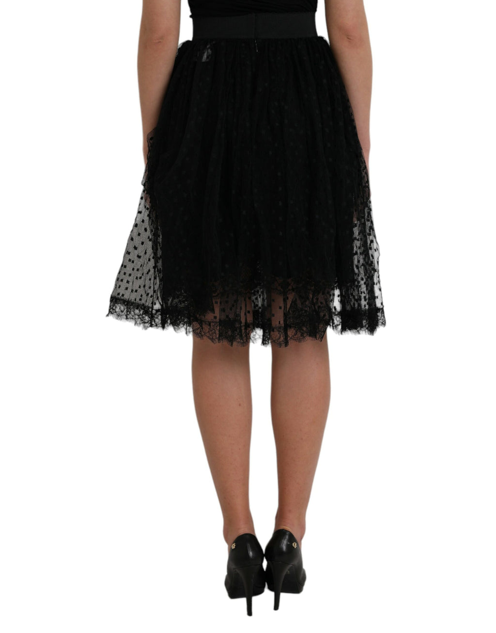 Dolce & Gabbana Black Nylon Lace Trim High Waist A-Line Skirt
