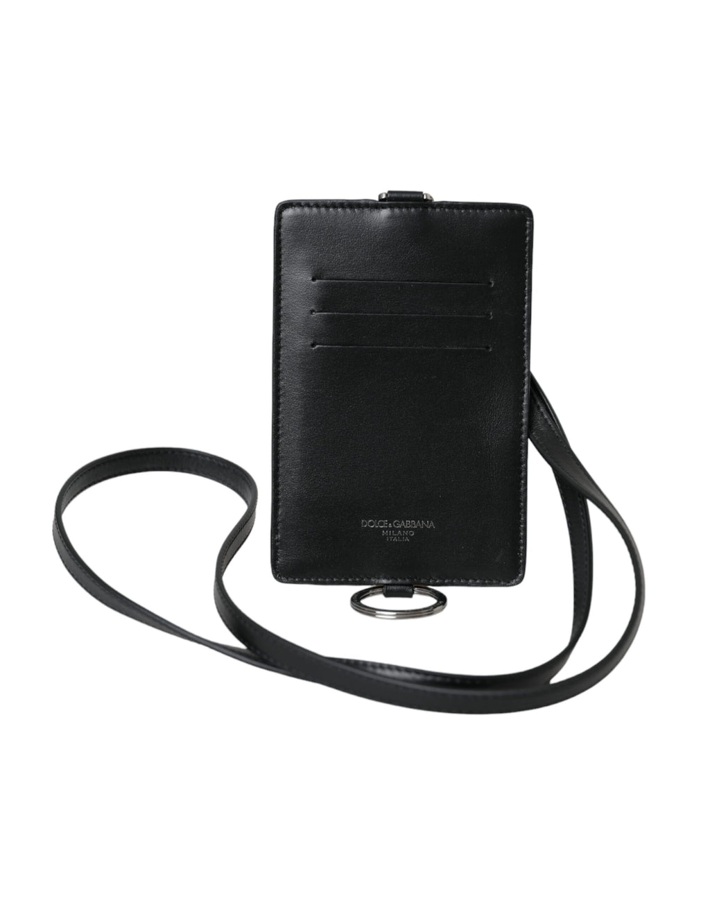 Dolce & Gabbana Black Calfskin Lanyard Logo Card Holder Men's Wallet
