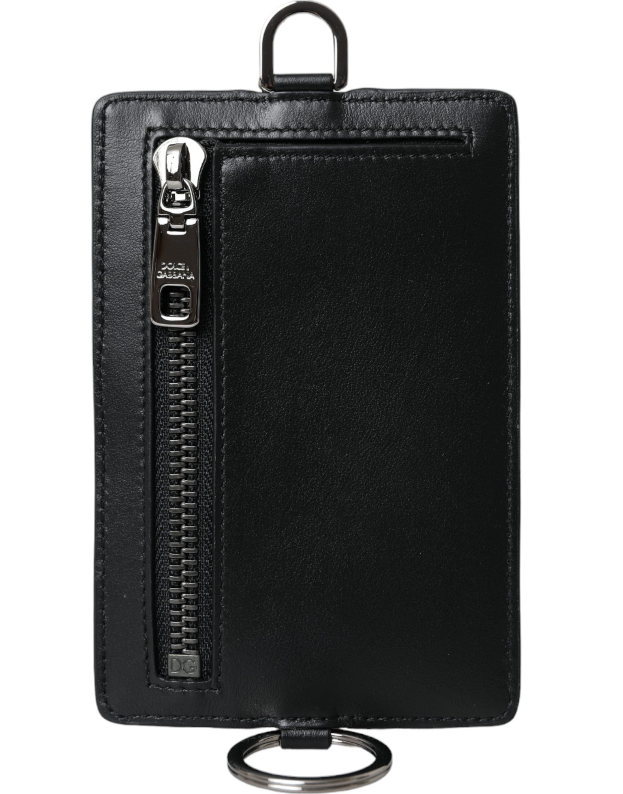 Dolce & Gabbana Black Calfskin Lanyard Logo Card Holder Men's Wallet