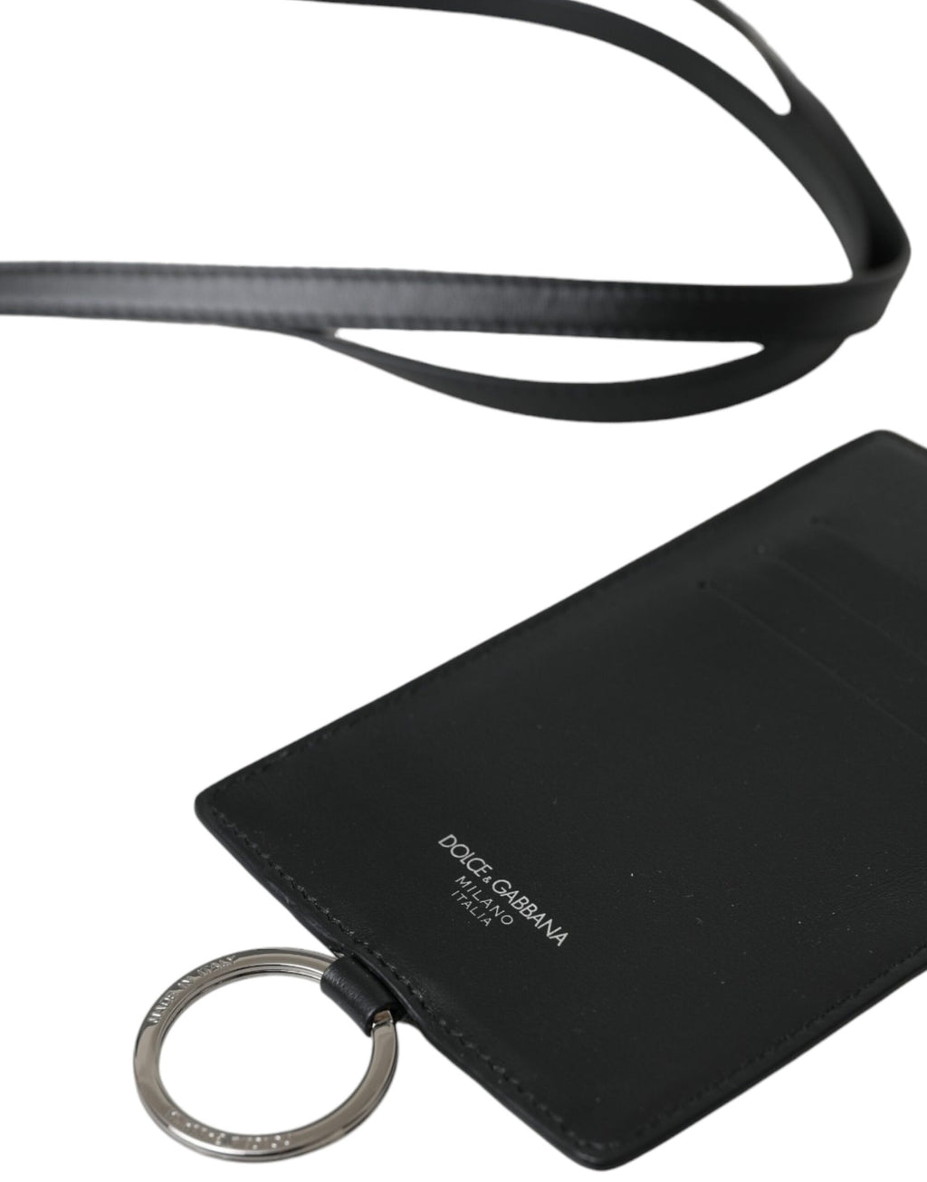 Dolce & Gabbana Black Calfskin Lanyard Logo Card Holder Men's Wallet