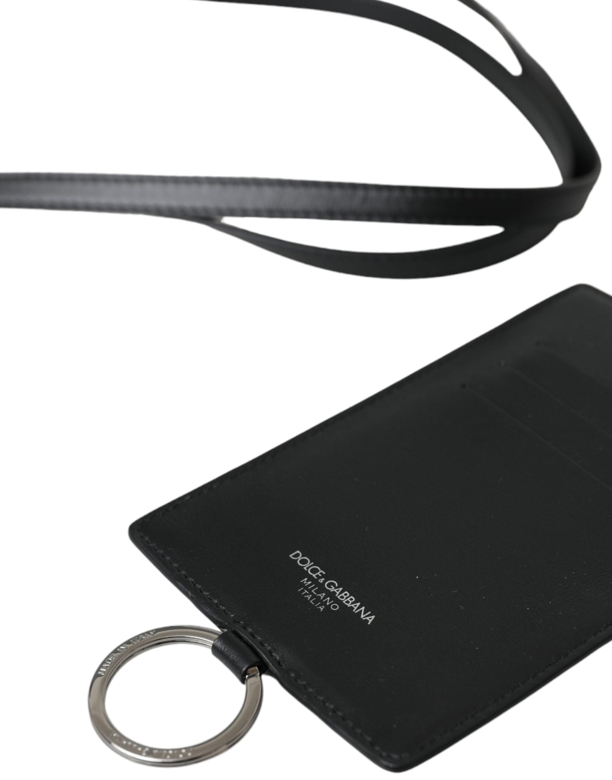 Dolce & Gabbana Black Calfskin Lanyard Logo Card Holder Men's Wallet