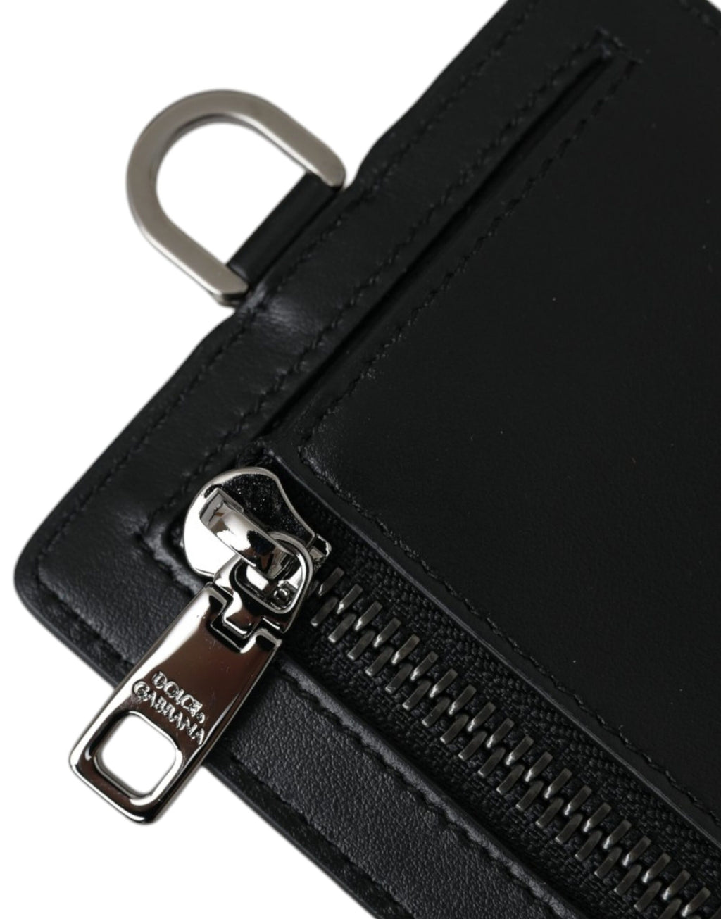 Dolce & Gabbana Black Calfskin Lanyard Logo Card Holder Men's Wallet