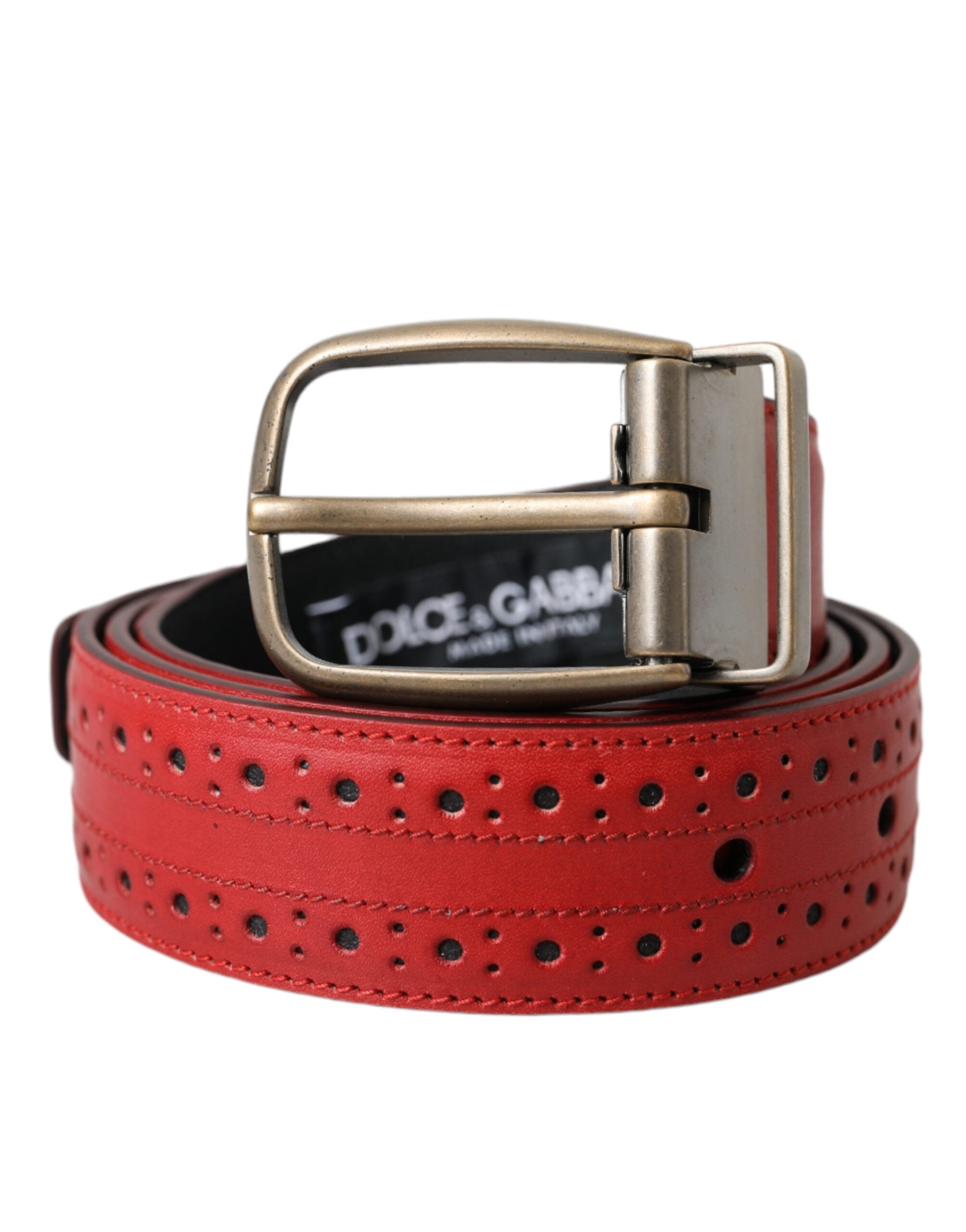 Dolce & Gabbana Red Perforated Leather Metal Buckle Men's Belt
