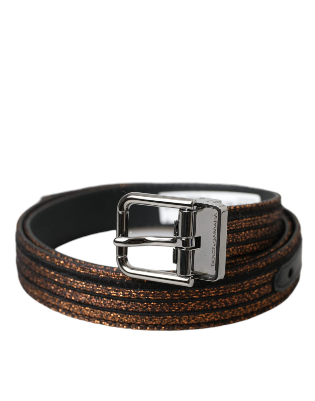 Dolce & Gabbana Gold Jacquard Stripe Belt with Silver Metal Buckle