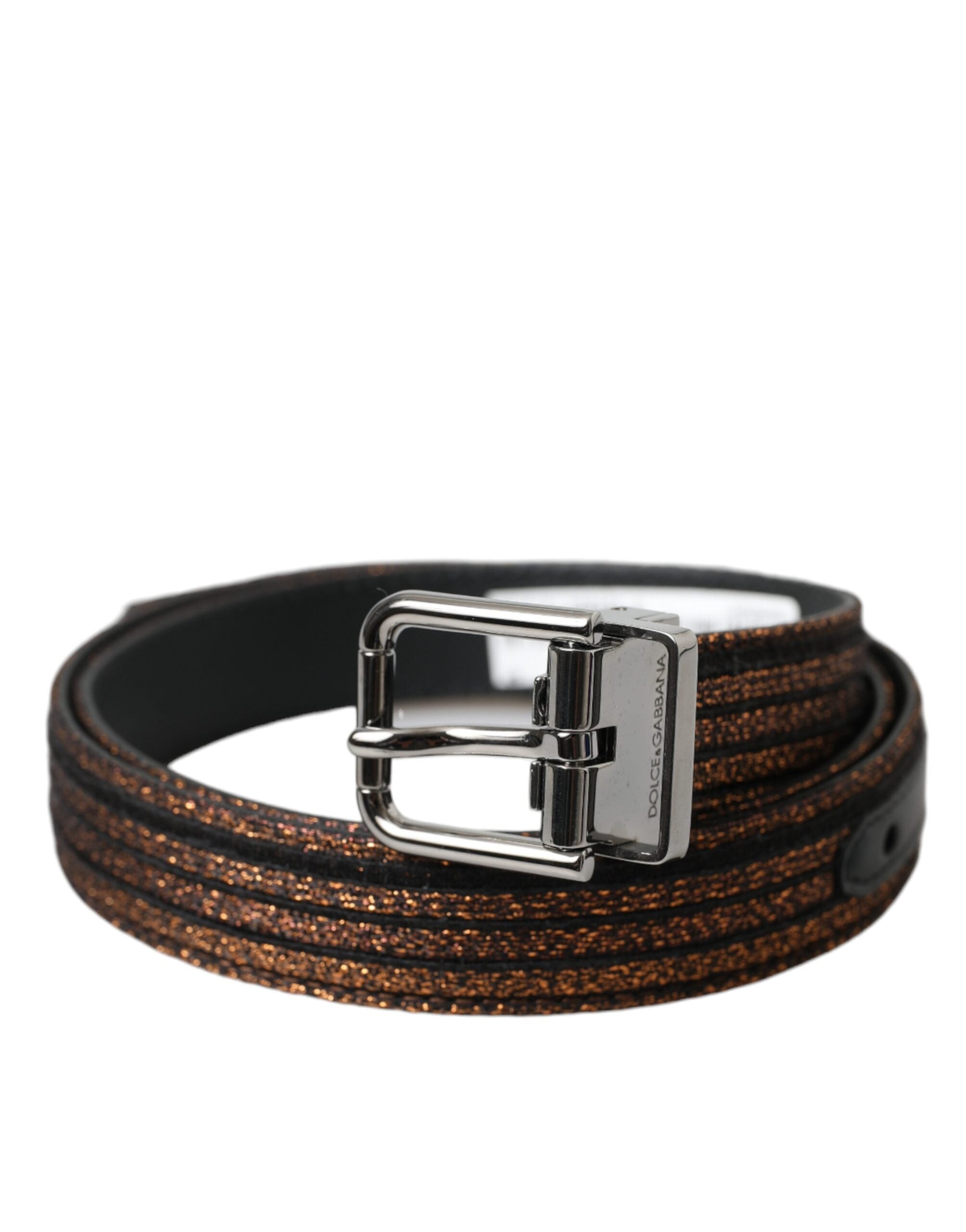 Dolce & Gabbana Gold Jacquard Stripe Belt with Silver Metal Buckle