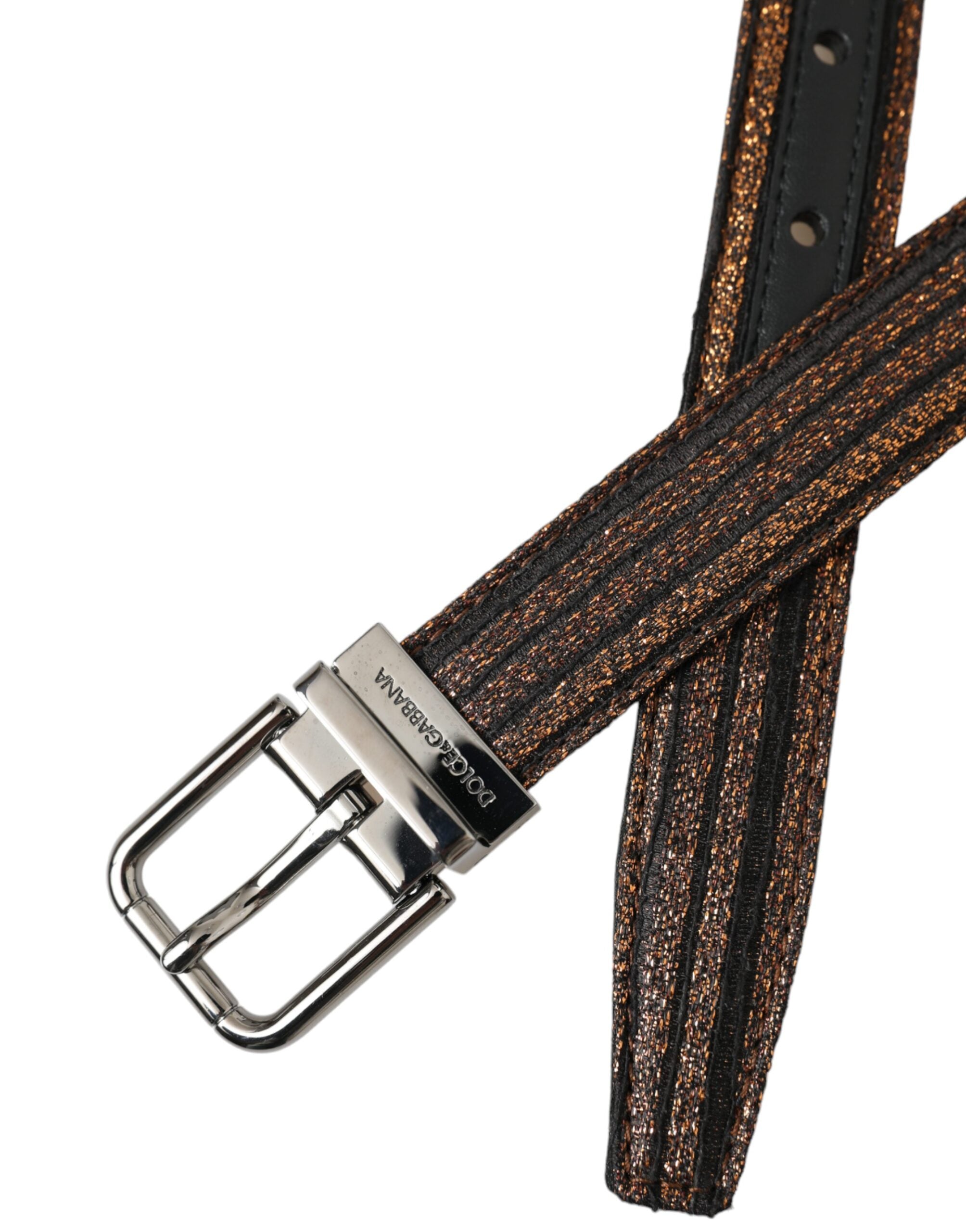 Dolce & Gabbana Gold Jacquard Stripe Belt with Silver Metal Buckle
