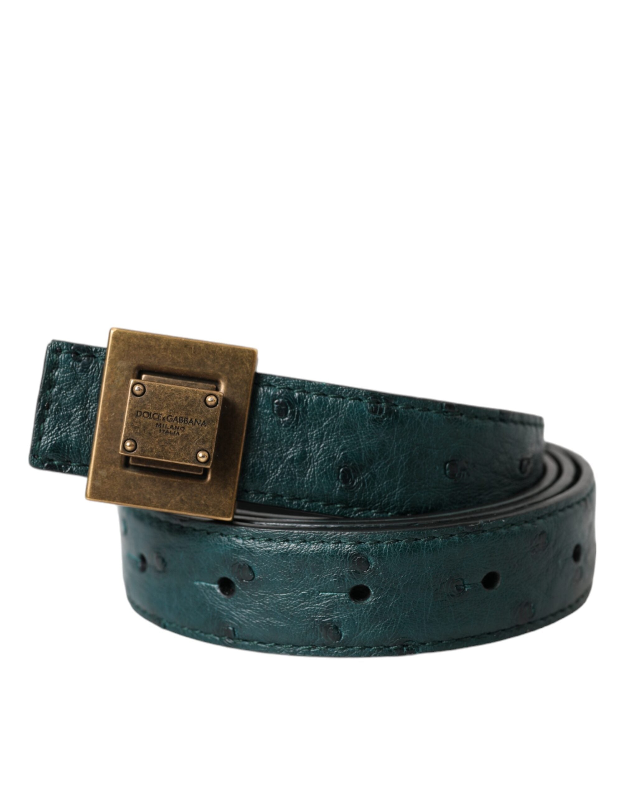 Dolce & Gabbana Dark Green Leather Belt with Square Metal Buckle