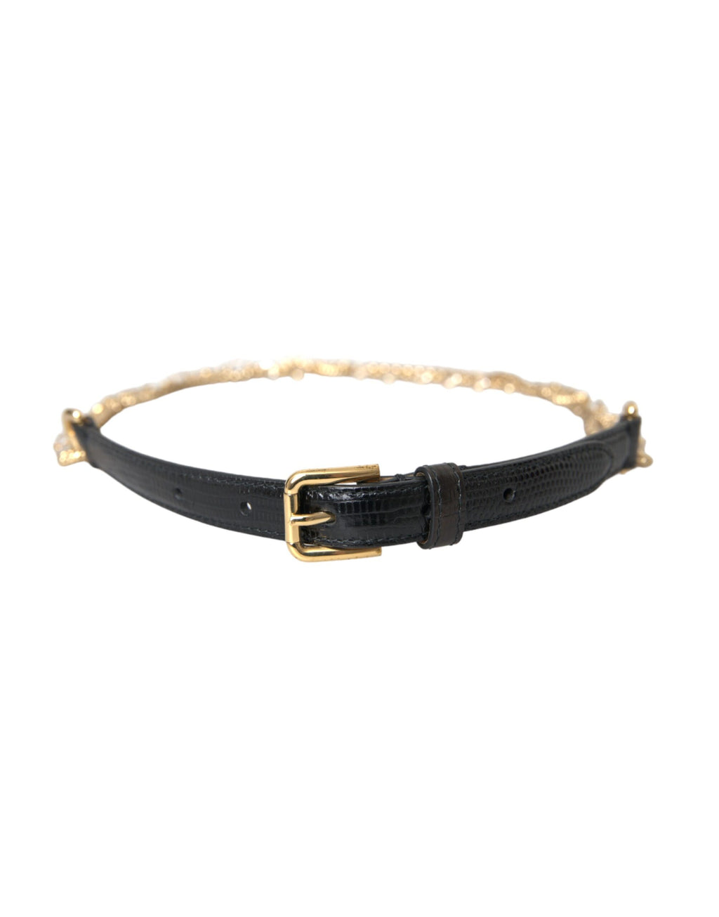 Dolce & Gabbana Black Leather Gold Chain Crystal Waist Women's Belt