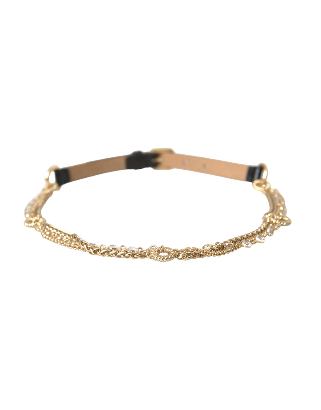 Dolce & Gabbana Black Leather Gold Chain Crystal Waist Women's Belt