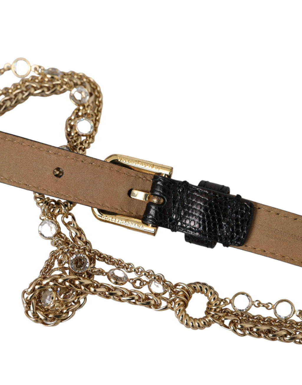 Dolce & Gabbana Black Leather Gold Chain Crystal Waist Women's Belt