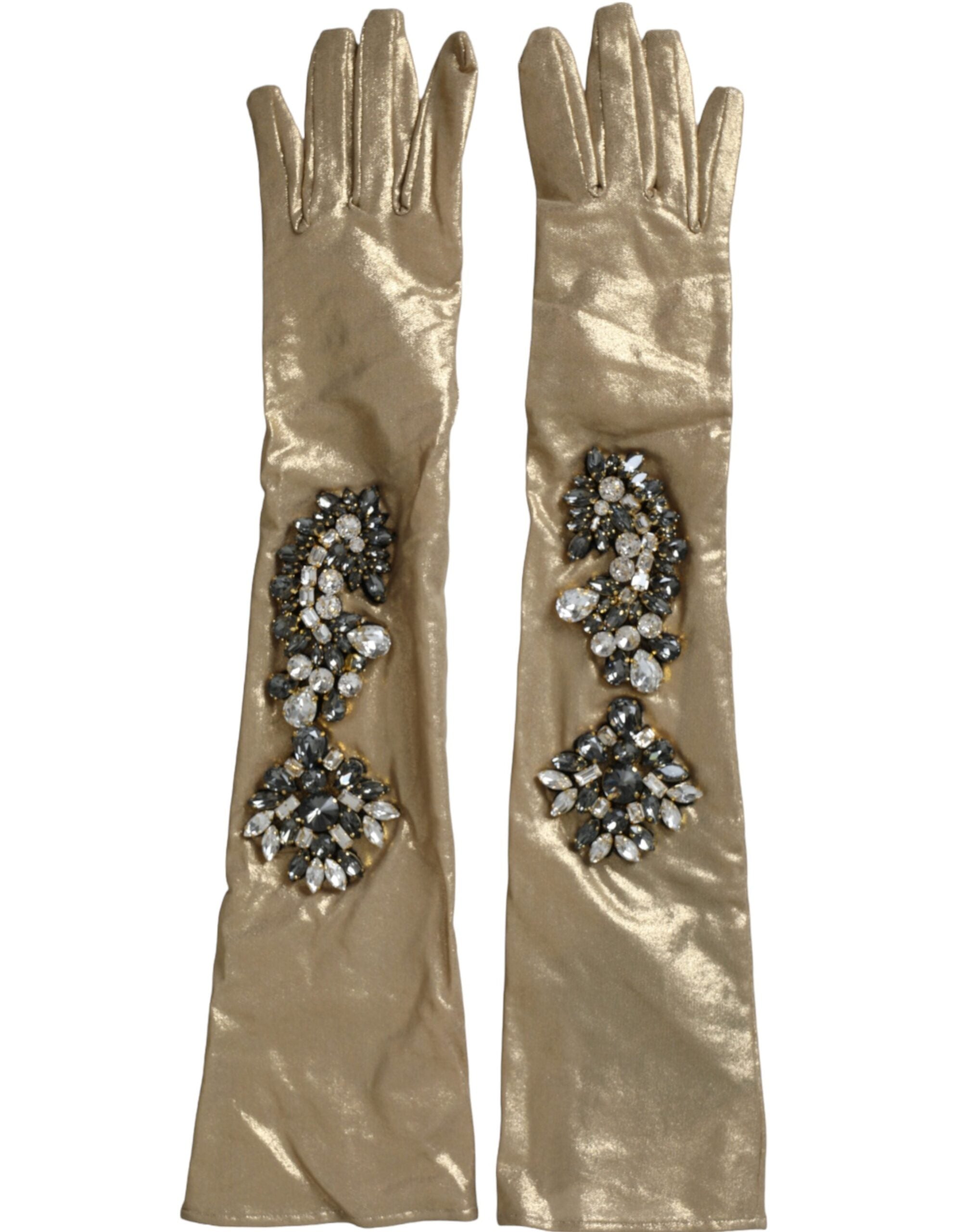 Dolce & Gabbana Beige Satin Crystal Elbow Gloves