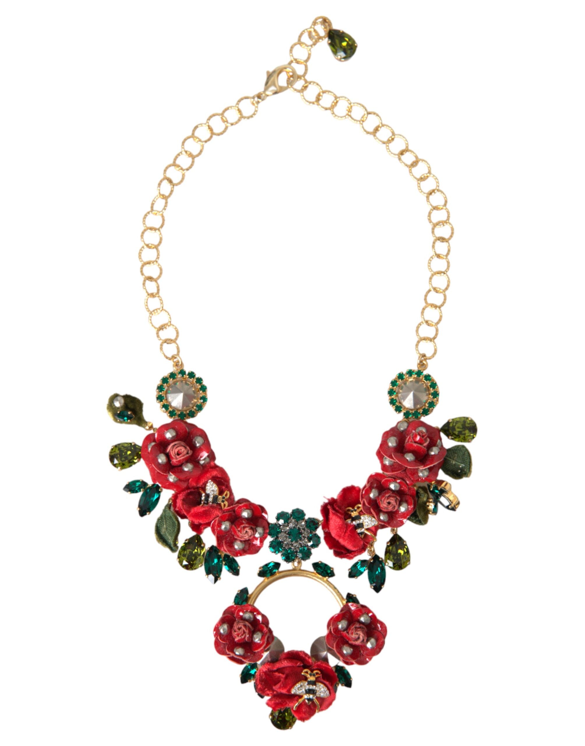 Dolce & Gabbana Gold-Tone Brass Link Chain RosePetal Crystal Pendant Necklace