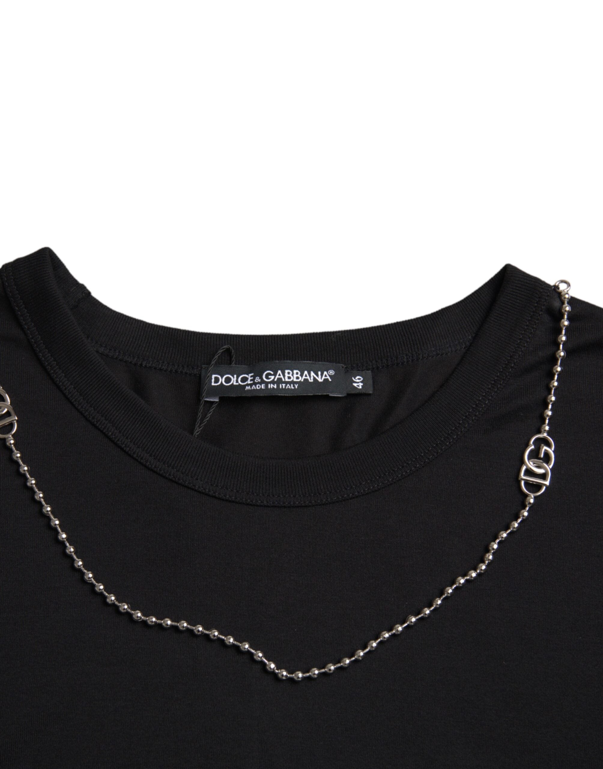 Dolce & Gabbana Black Cotton Silver Chain Short Sleeve T-Shirt