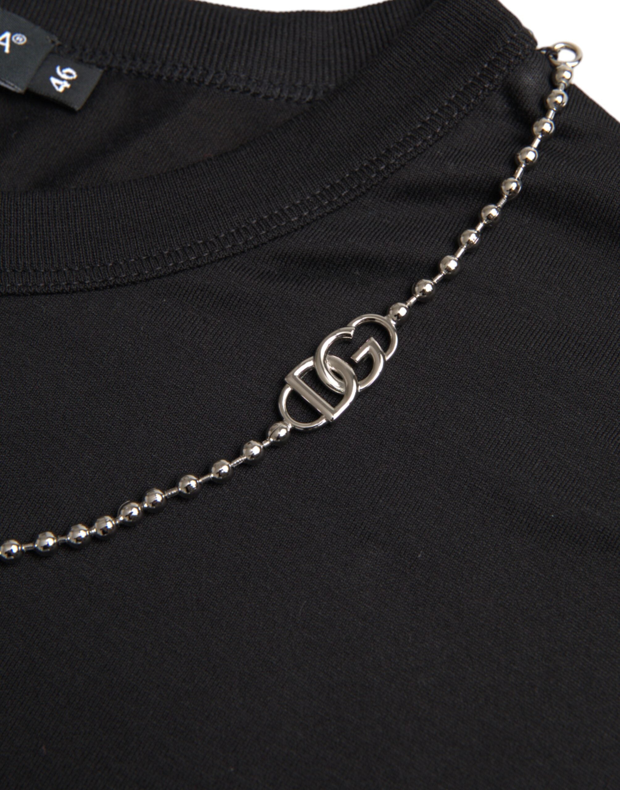 Dolce & Gabbana Black Cotton Silver Chain Short Sleeve T-Shirt