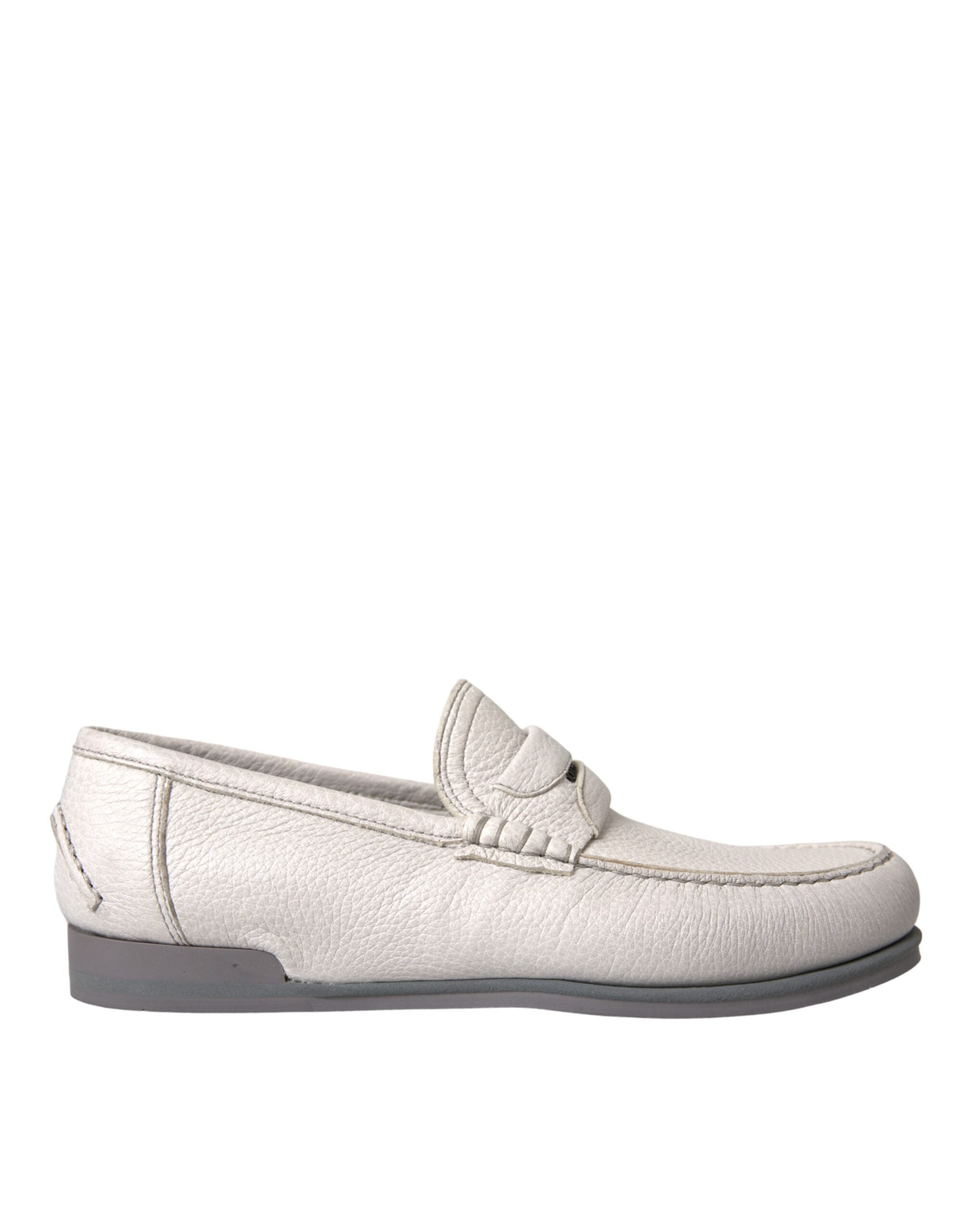 Dolce & Gabbana White Grey Leather Slip Moccasin Shoes Loafers