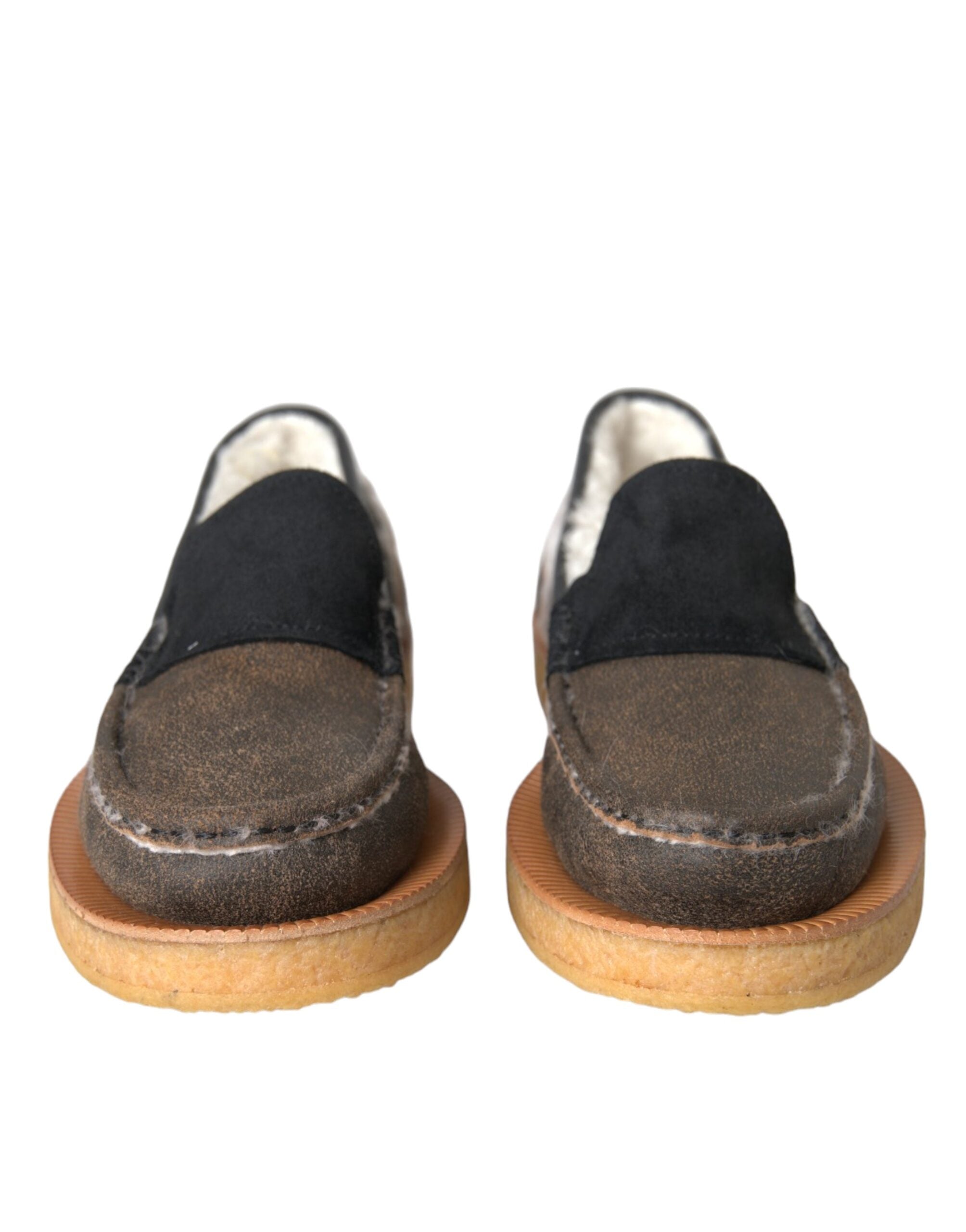 Dolce & Gabbana Brown Black Fur Leather Loafers Men's Shoes