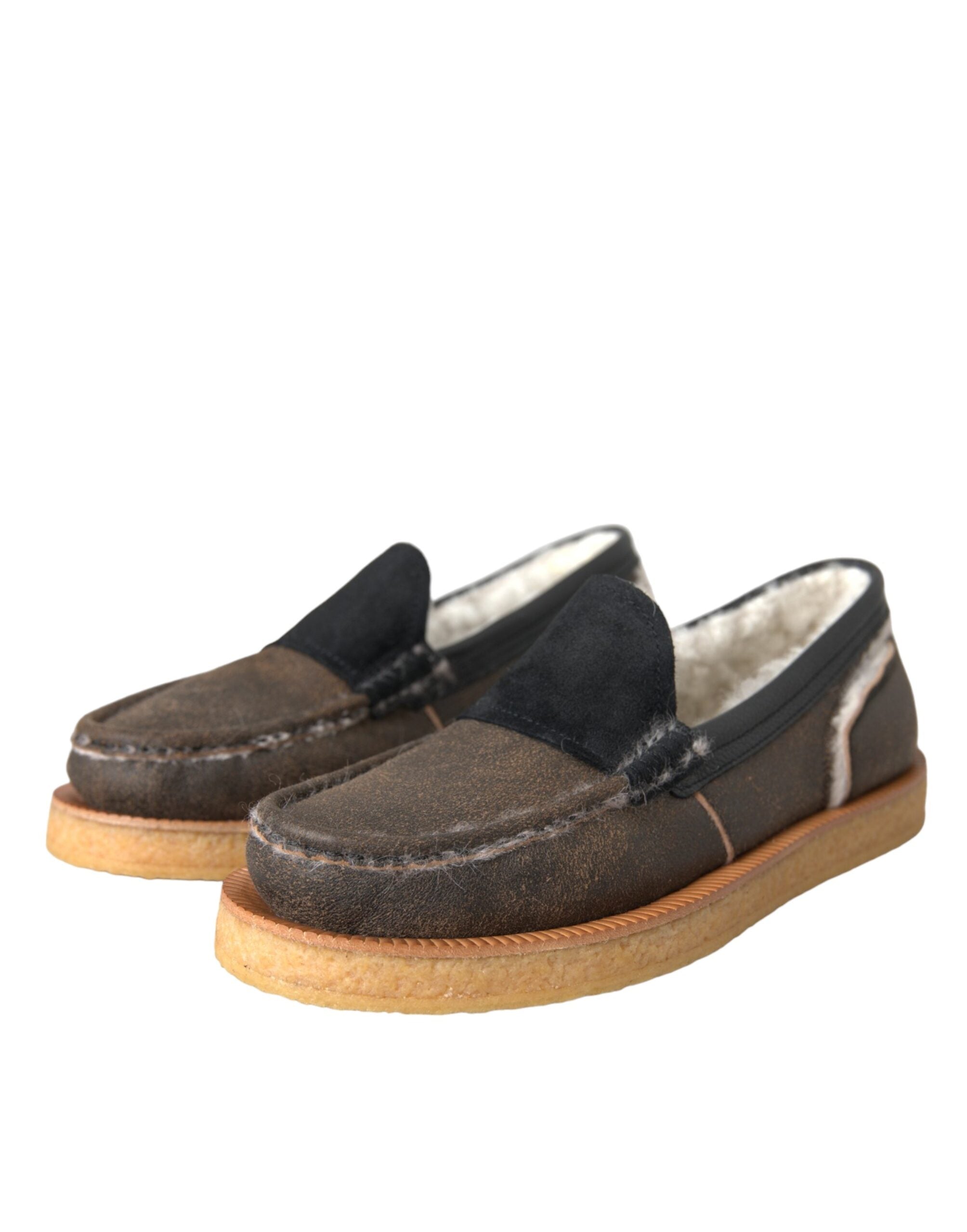 Dolce & Gabbana Brown Black Fur Leather Loafers Men's Shoes
