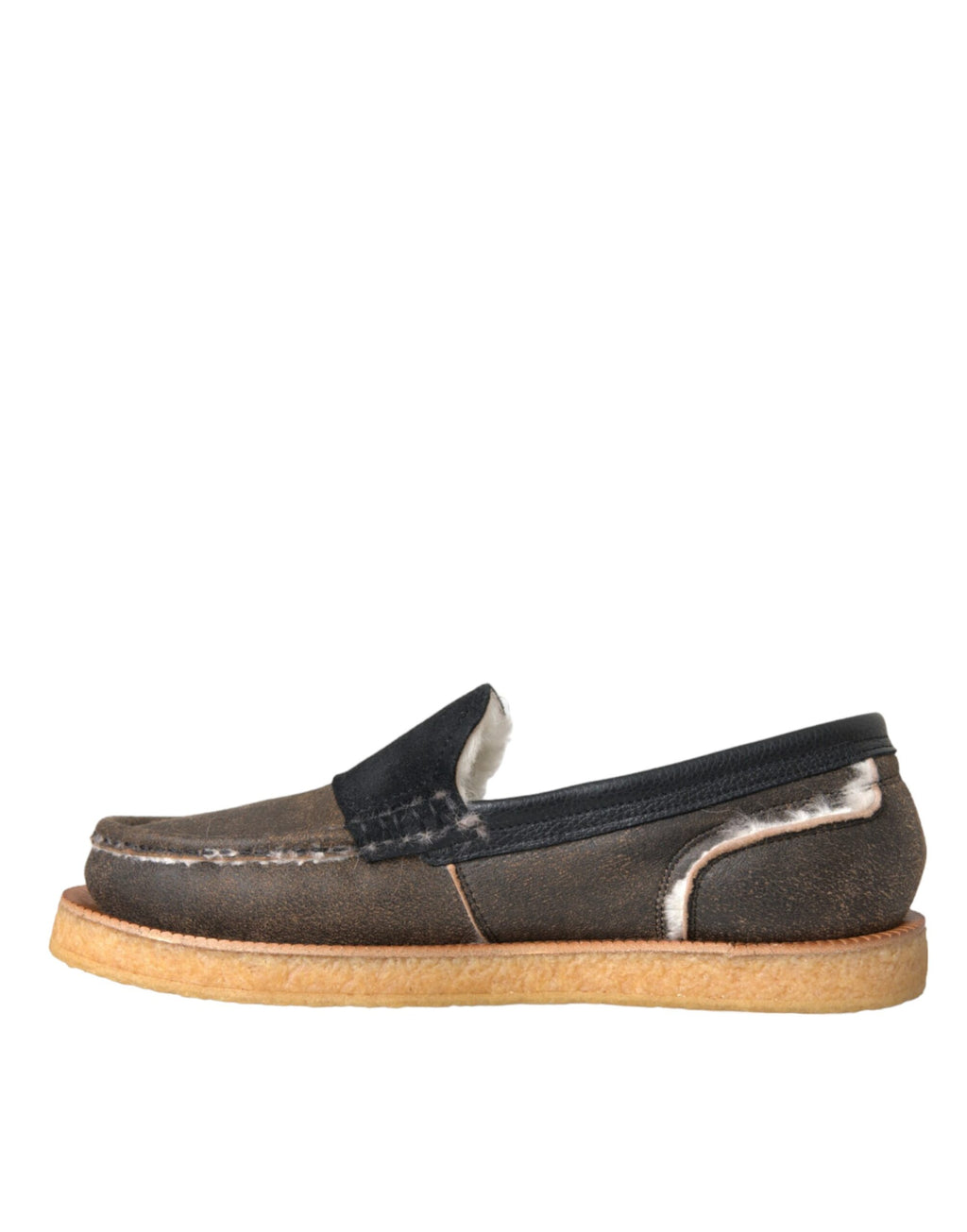 Dolce & Gabbana Brown Black Fur Leather Loafers Men's Shoes