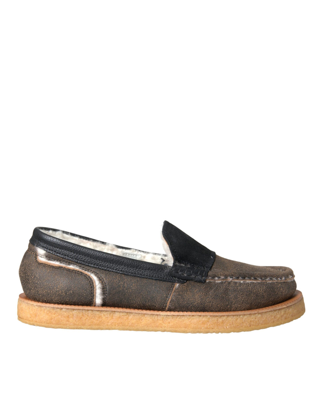 Dolce & Gabbana Brown Black Fur Leather Loafers Men's Shoes