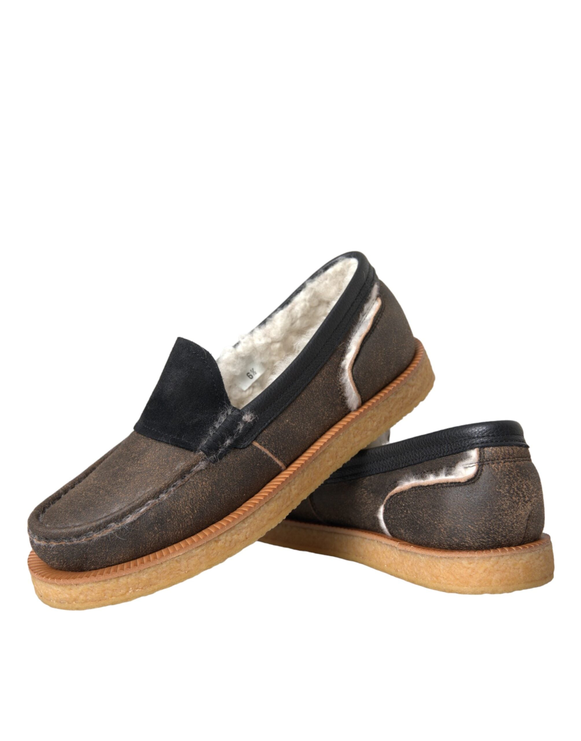 Dolce & Gabbana Brown Black Fur Leather Loafers Men's Shoes