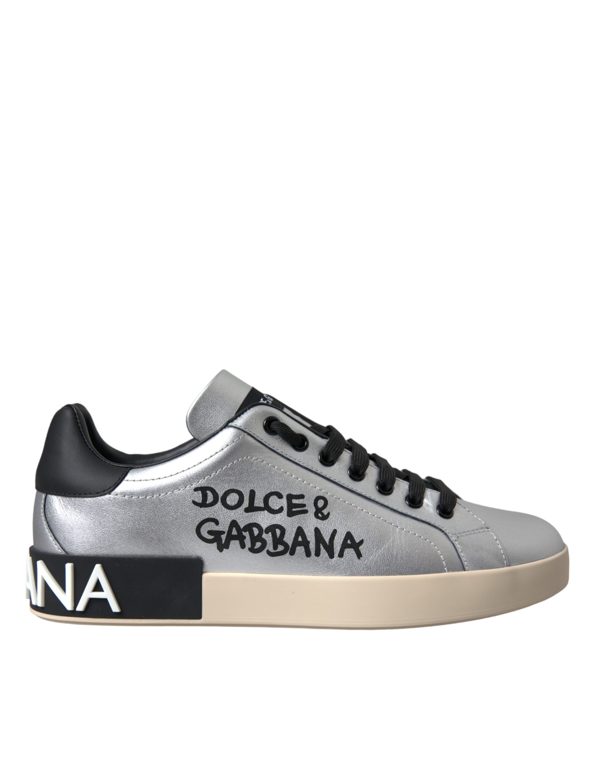 Dolce & Gabbana Silver Portofino Calfskin Sneakers Men's Shoes