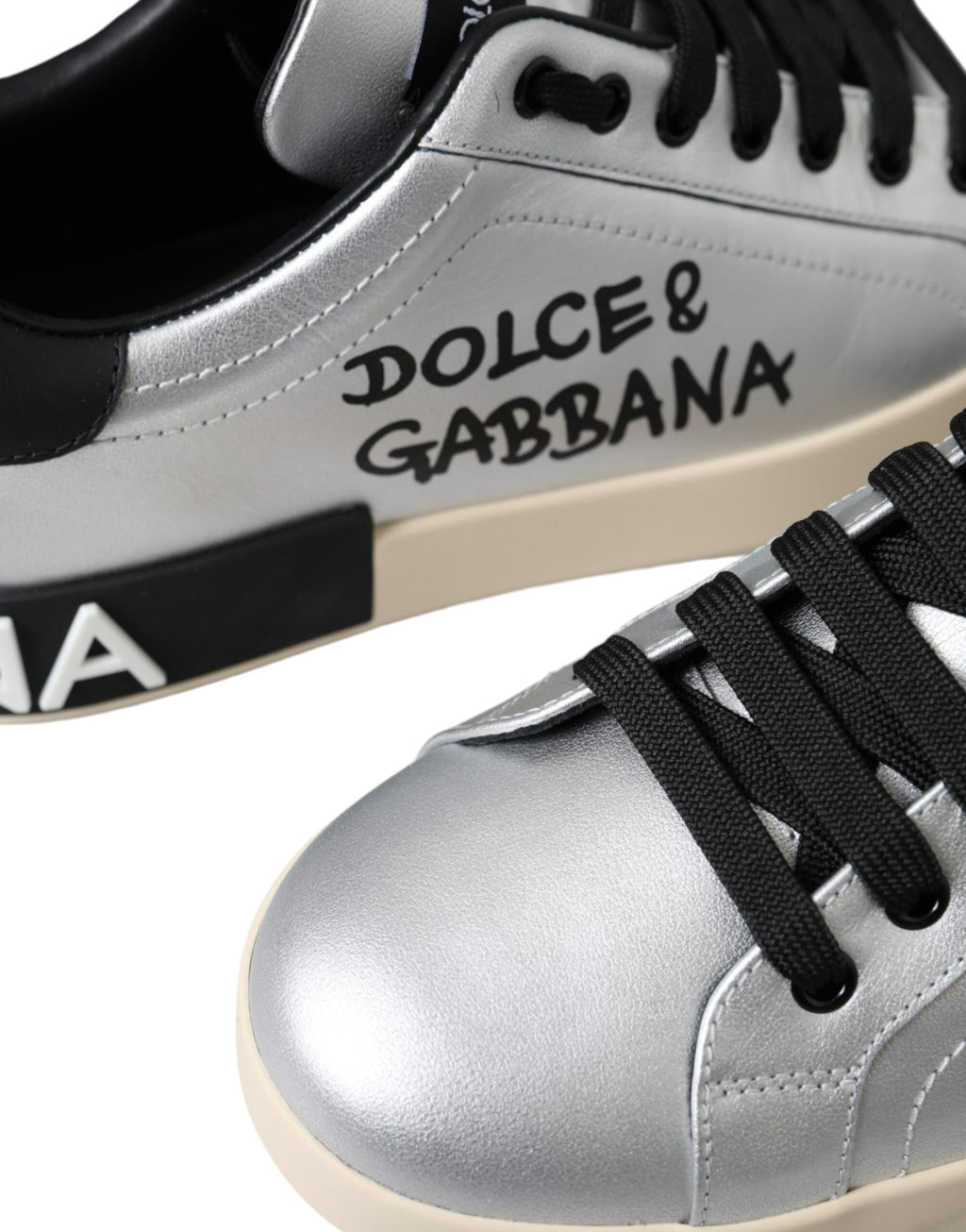 Dolce & Gabbana Silver Portofino Calfskin Sneakers Men's Shoes