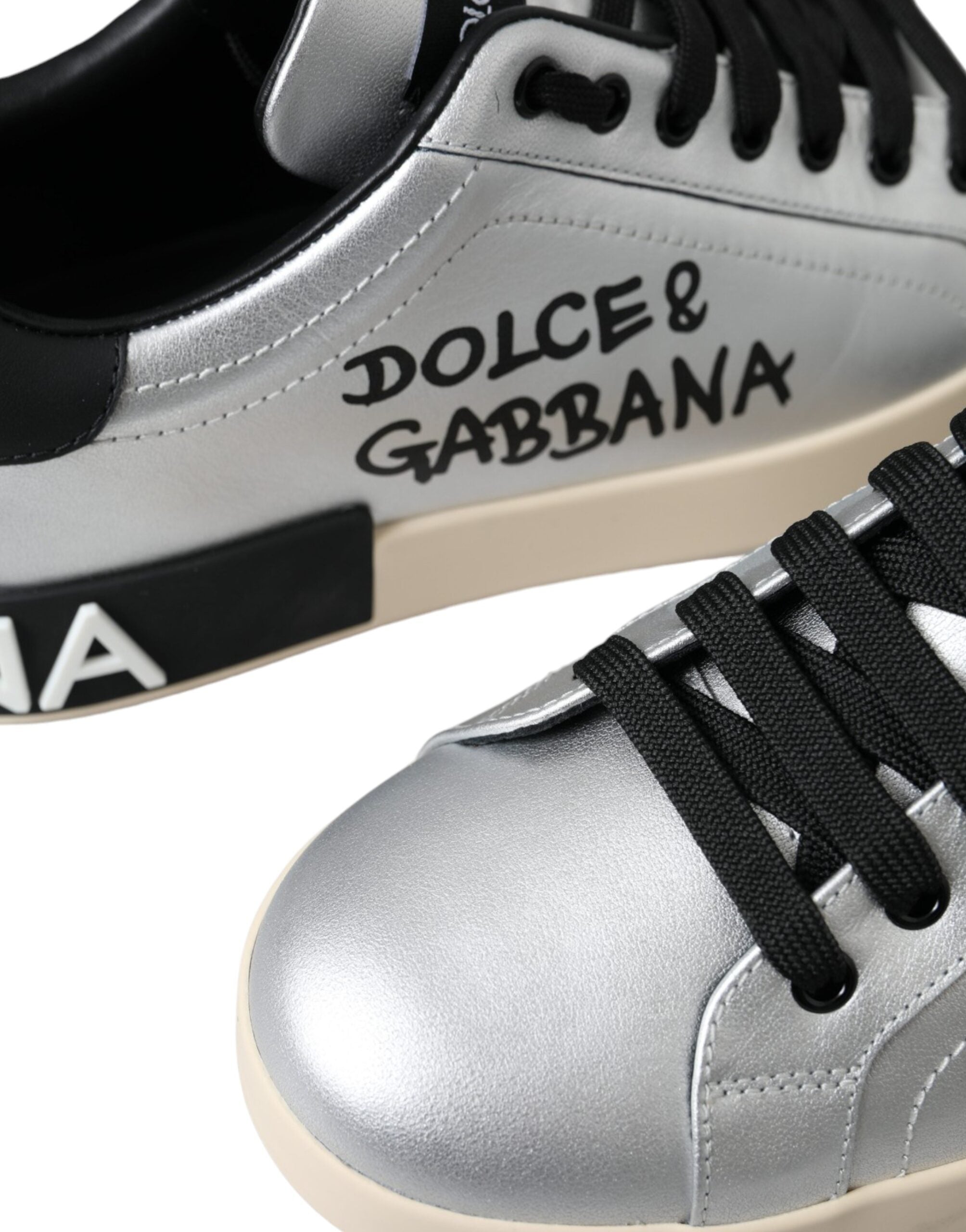 Dolce & Gabbana Silver Portofino Calfskin Sneakers Men's Shoes