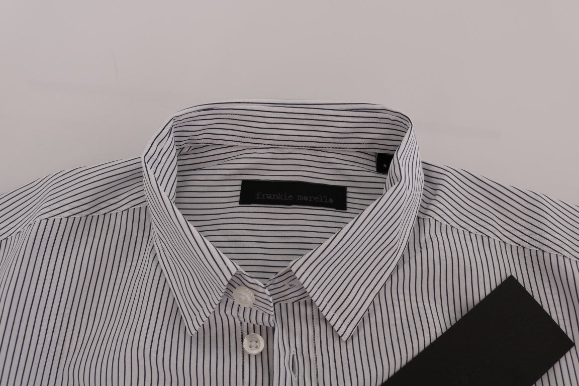 Frankie Morello White and Blue Striped Casual Cotton Regular Fit Shirt