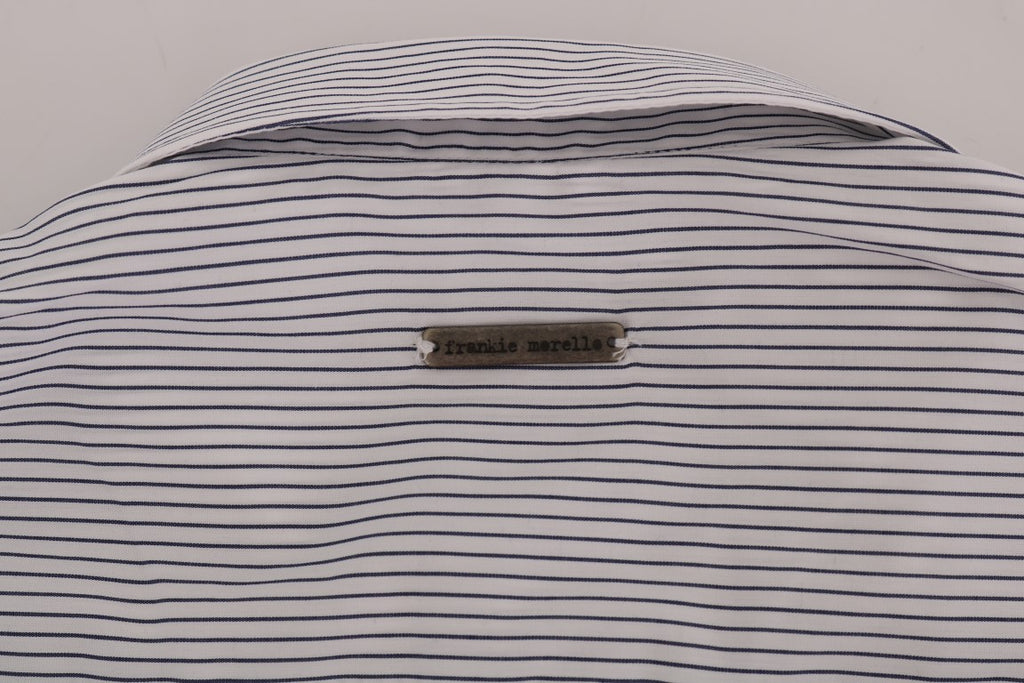 Frankie Morello White and Blue Striped Casual Cotton Regular Fit Shirt